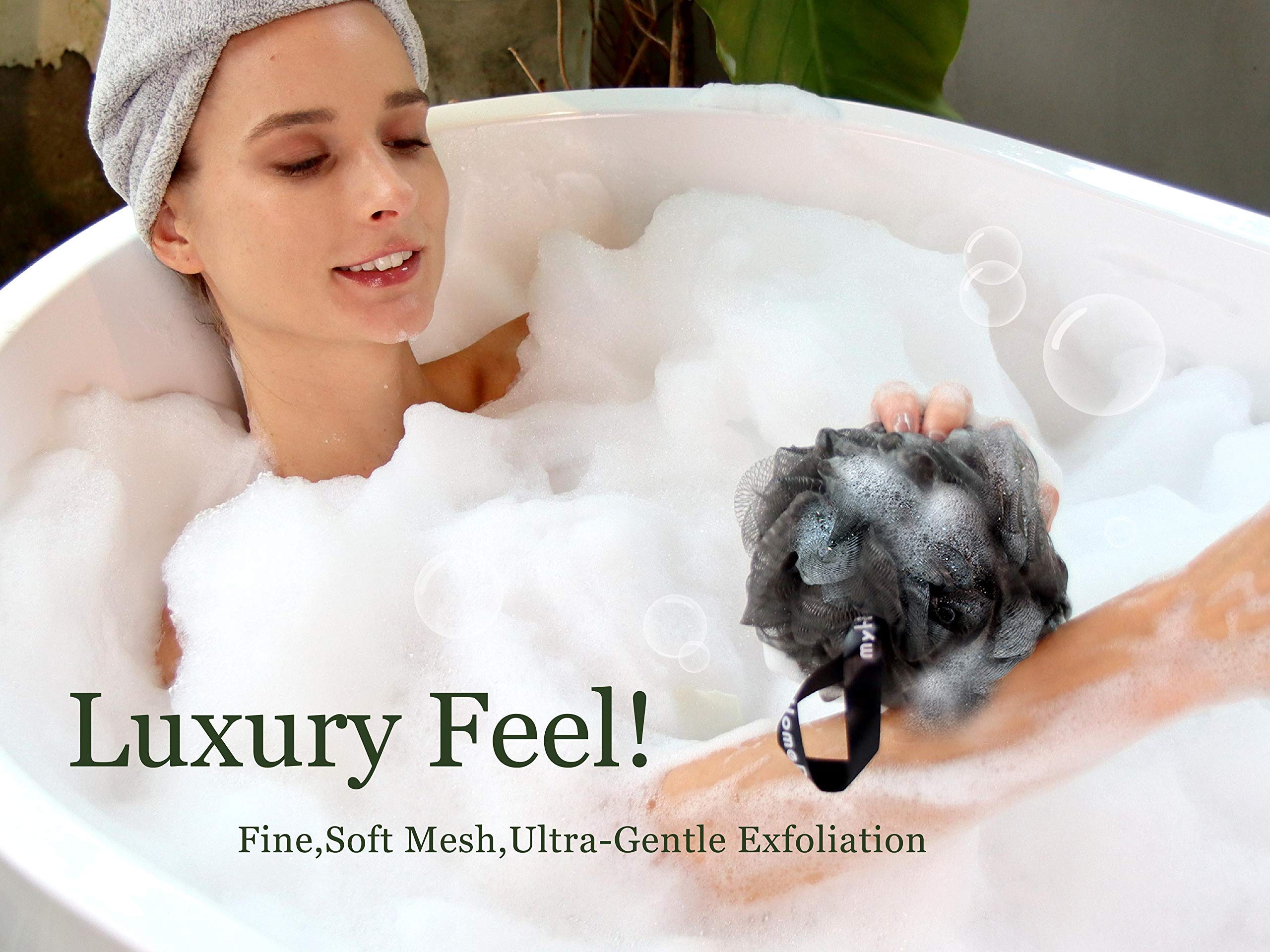 myHomeBody Duża gąbka luffa 70 g, myjka do ciała, gąbka do kąpieli, luffa dla kobiet, mężczyzn, gąbka złuszczająca pufa prysznicowa z węglem aktywnym - 2 Ultimate Gray + 1 świecący żółty, 3 szt