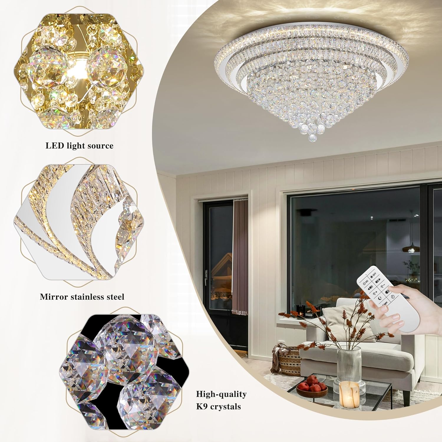 cocostar 40" crystal chandeliers, flush mount chandelier led ceiling light, modern crystal raindrop chandeliers for dining room, living room, bedroom silver 40 inches
