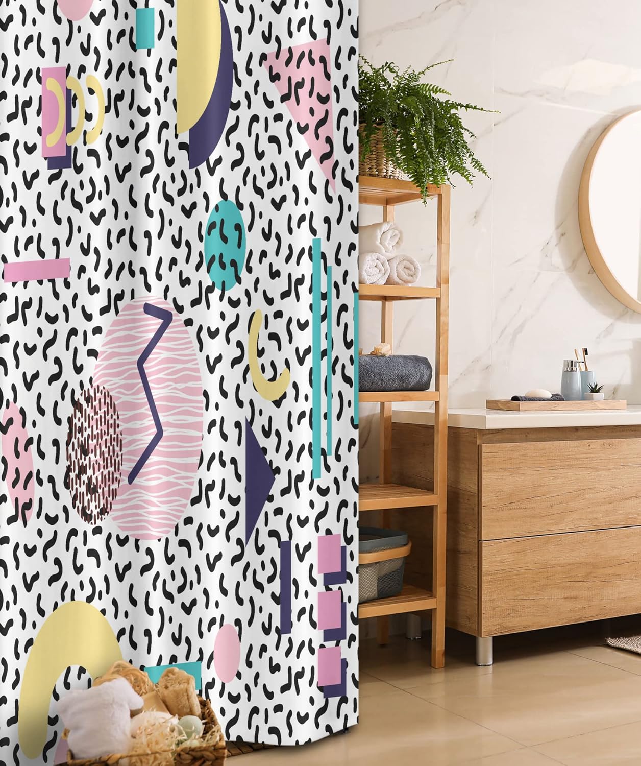 Ambesonne 90s Stall Shower Curtain, Geometric Pattern in Retro Style Round Half Moon Triangle Shapes Art, Fabric Bathroom Decor Set with Hooks, 36" W x 72" L, Navy Yellow Pink