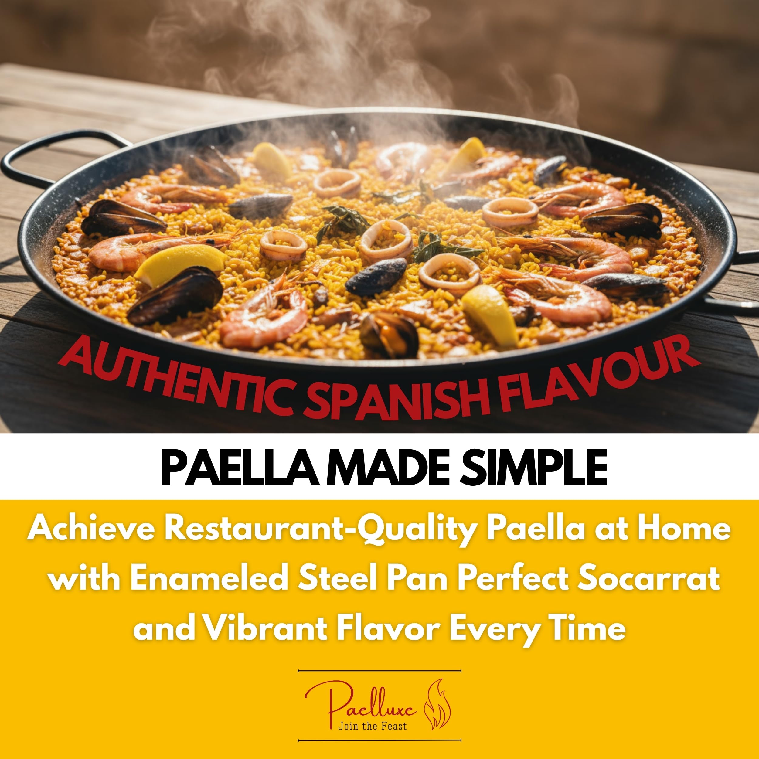Paelluxe Paellera – Sartén de acero esmaltado, no se oxida, sartén fácil de limpiar para quemadores de propano y gas, cocina en interiores y exteriores, paellera sarten, 20 pulgadas, para 14 porciones