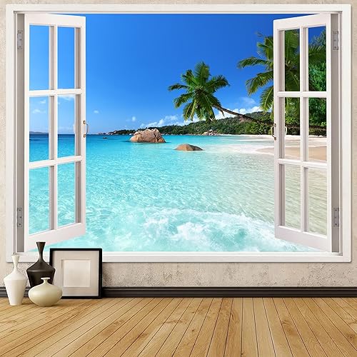 Leeisysme Tapiz de paisaje de playa, océano tropical, isla de mar y palmera, tapiz para sala de estar, ventana de verano, para colgar en la pared,