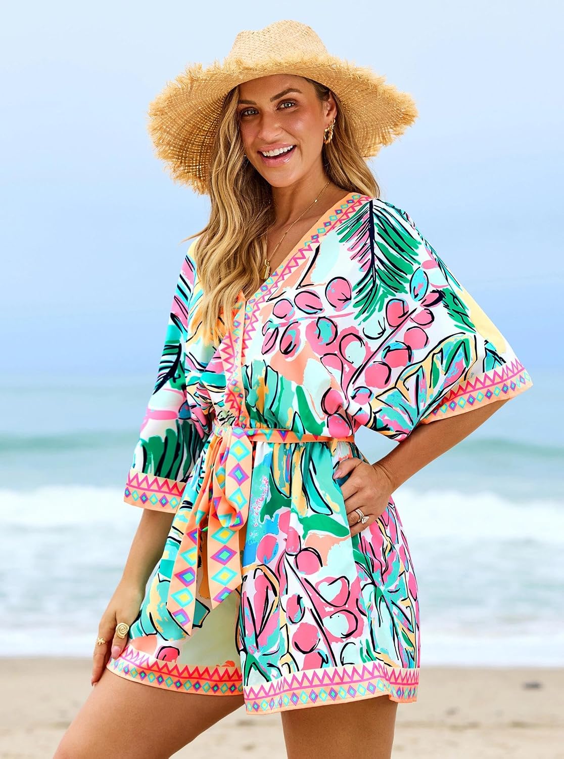 popvil Women’s V Neck Romper Tropical Floral Print Beach Jumpsuit Loose Fit Short Sleeve Belted One Piece Outfit with Pockets