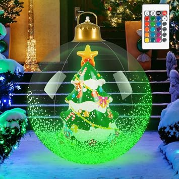 24 Inch Light Up Giant Christmas Ball Christmas Tree Outdoor Inflatables with LED Light PVC Decorated Ball Xmas Blow Up Ball for Garden Yard Porch Christmas Holiday Decor