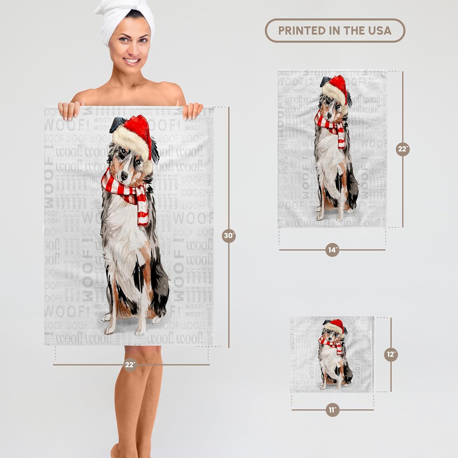 3dRose Cute Australian Shepherd Dog in a Red Santa Hat and Christmas Scarf 22x30 Bath Hand Pool Towel