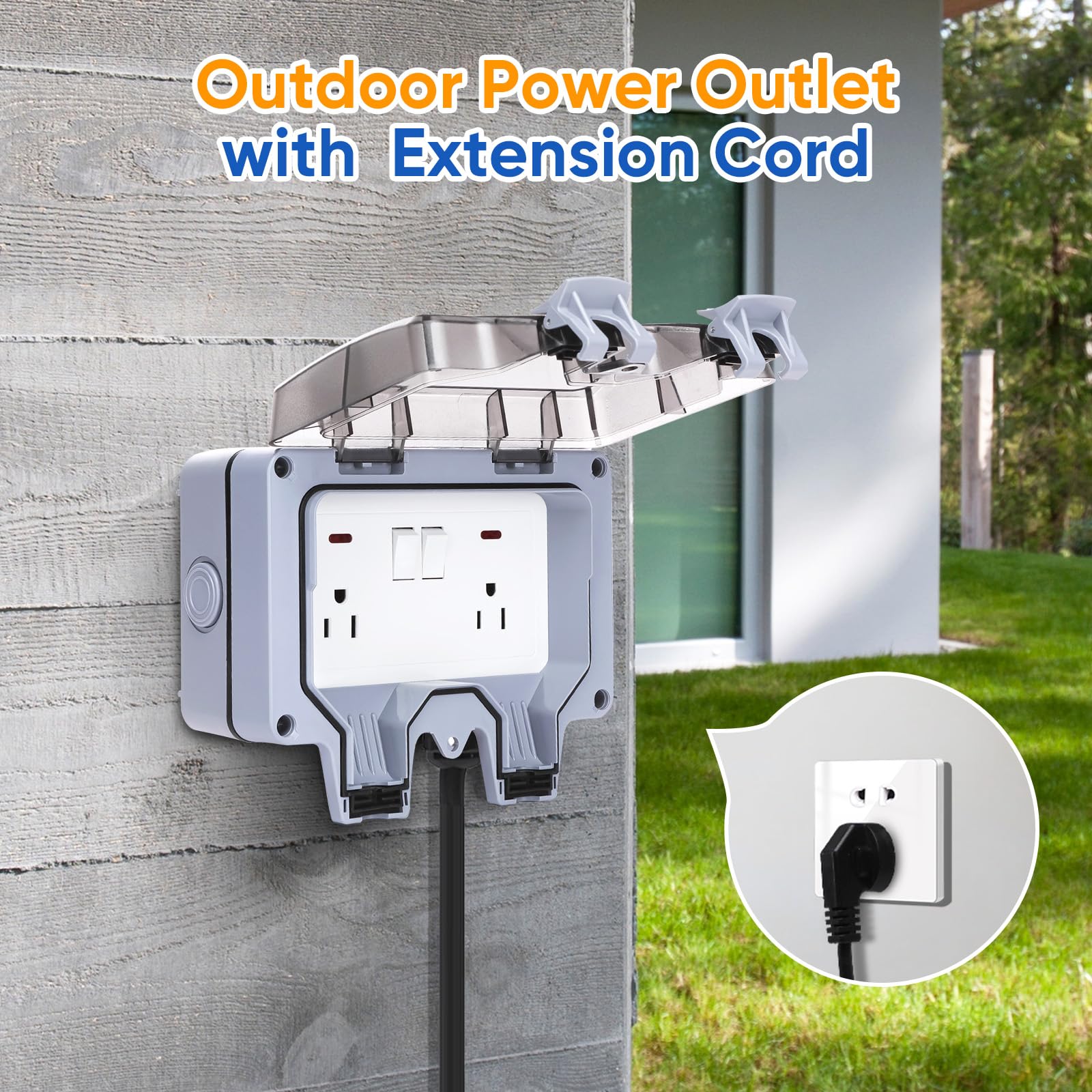 Toma de corriente para exteriores, cable de extensión impermeable de doble pared con interruptor de encendido y apagado y luz indicadora, toma de corriente externa eléctrica exterior, toma
