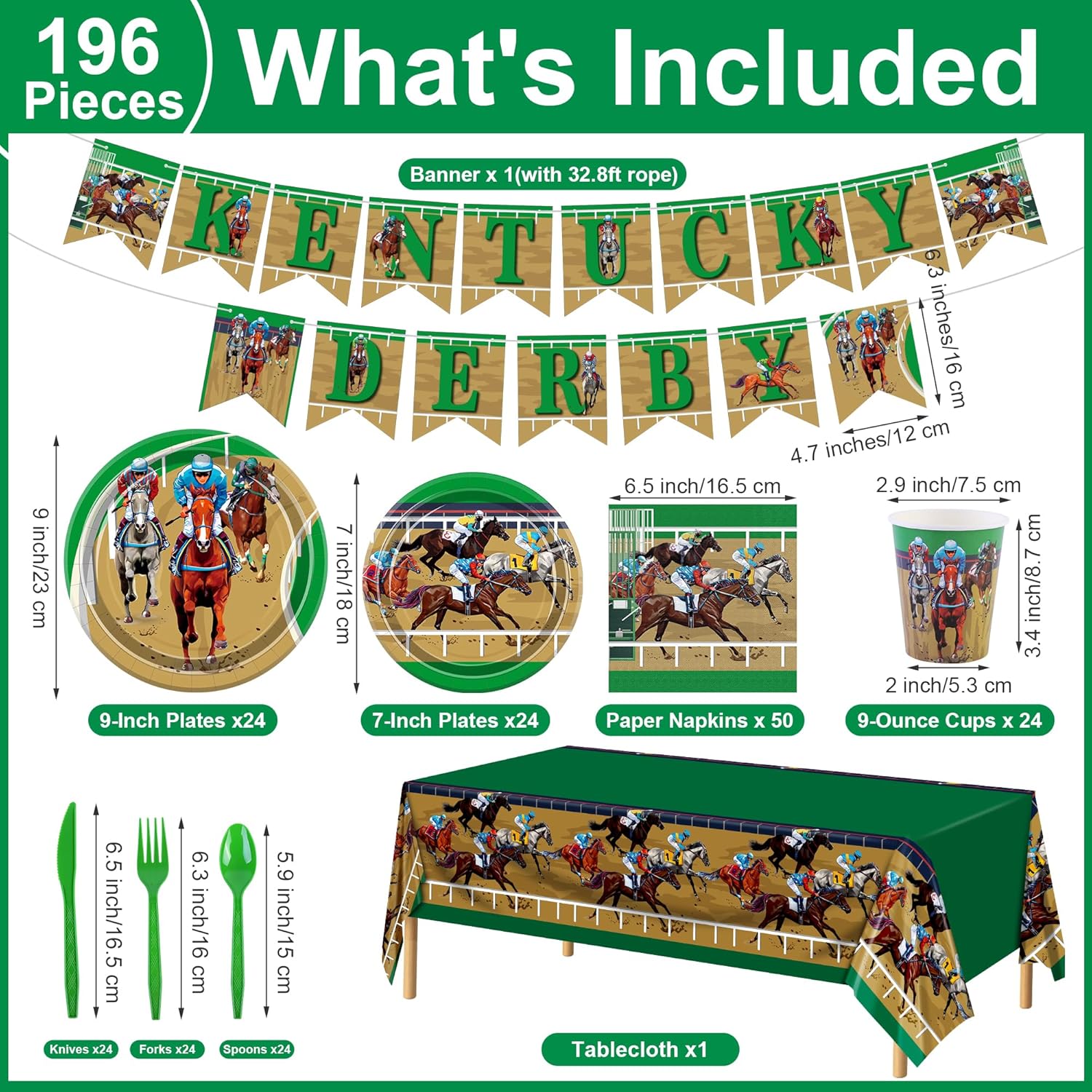 Kochorie 196 Pieces Horse Racing Tableware Set Include Disposable Plates Cups Napkins Banner Plastic Tablecloth Cutlery for Horse Racing Party Supplies, Serve 24 Guests