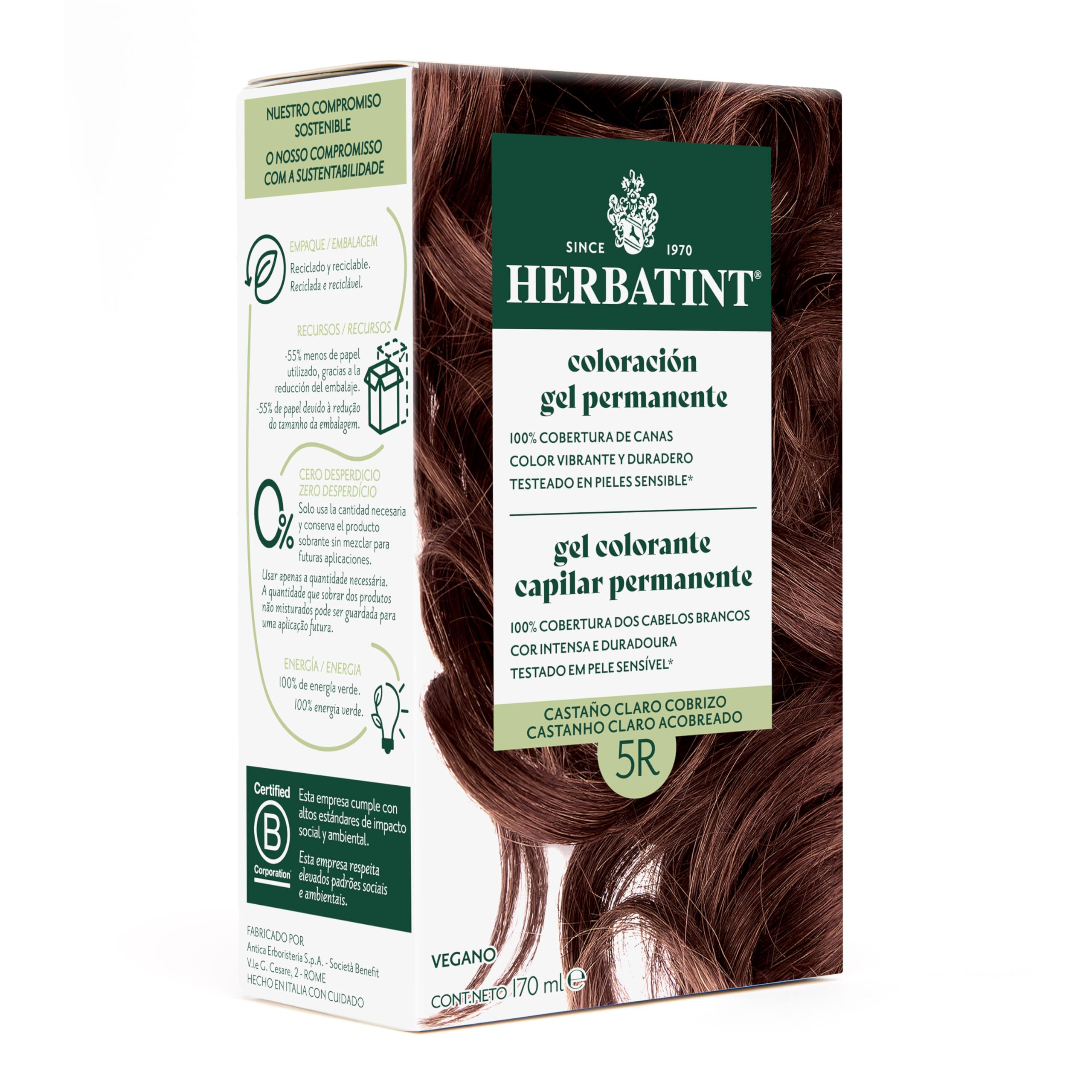 Herbatint Tinte Permanente para Cabello 5R Castaño Claro Cobrizo - 170 ml | Sin Amoníaco, Cobertura Óptima de Canas | Dermatológicamente Probado, con 8 Extractos Naturales