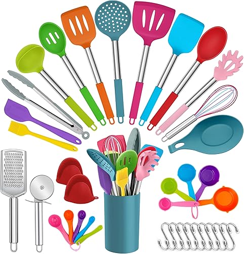 Homikit Juego de utensilios de cocina de 38 piezas con soporte, utensilios de silicona coloridos con mango de acero inoxidable, herramientas de