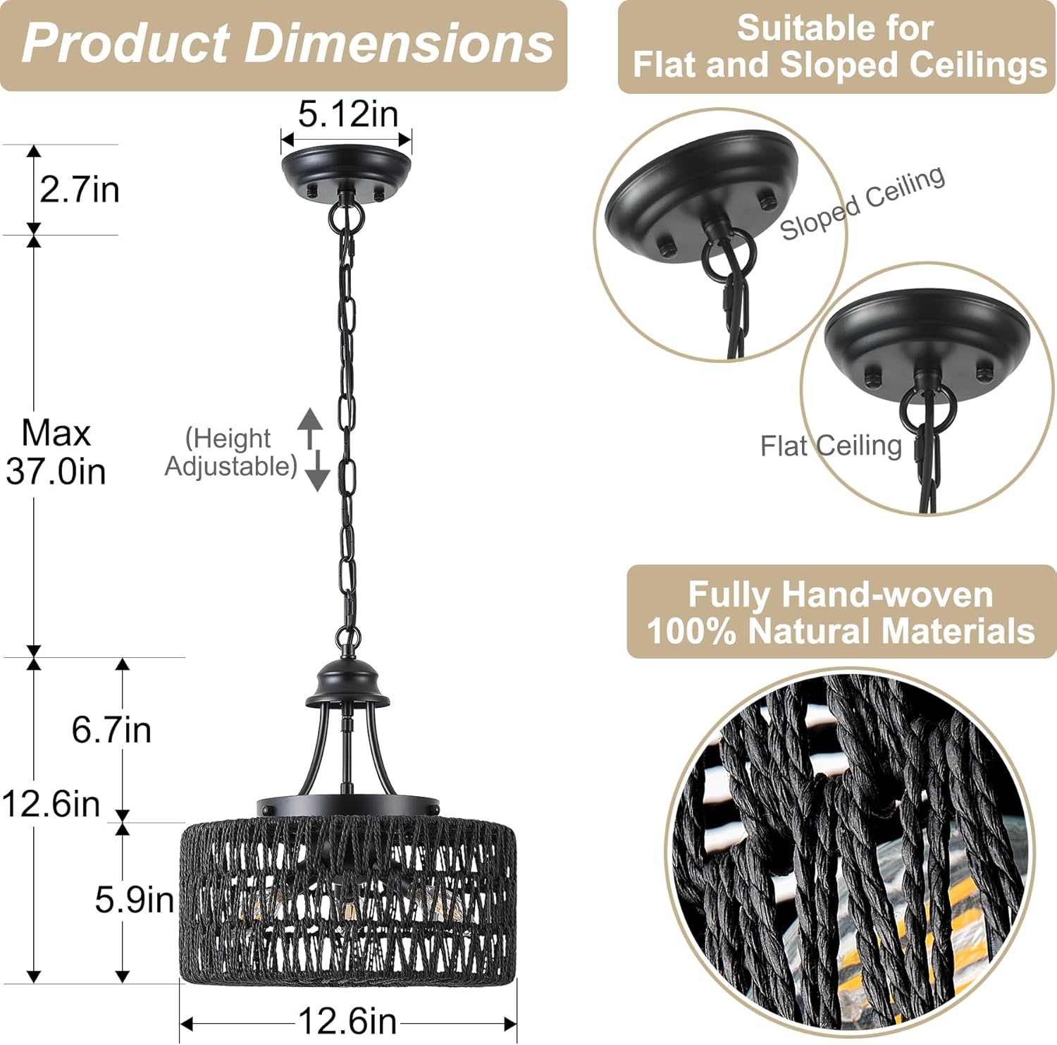 12.6" Woven Farmhouse Chandeliers for Dining Room, 3-Light Boho Chandelier Light Fixture with Wicker Lampshade,Rattan Pendant Light fixtures Ceiling Flush Mount for Hallway Kitchen Bedroom