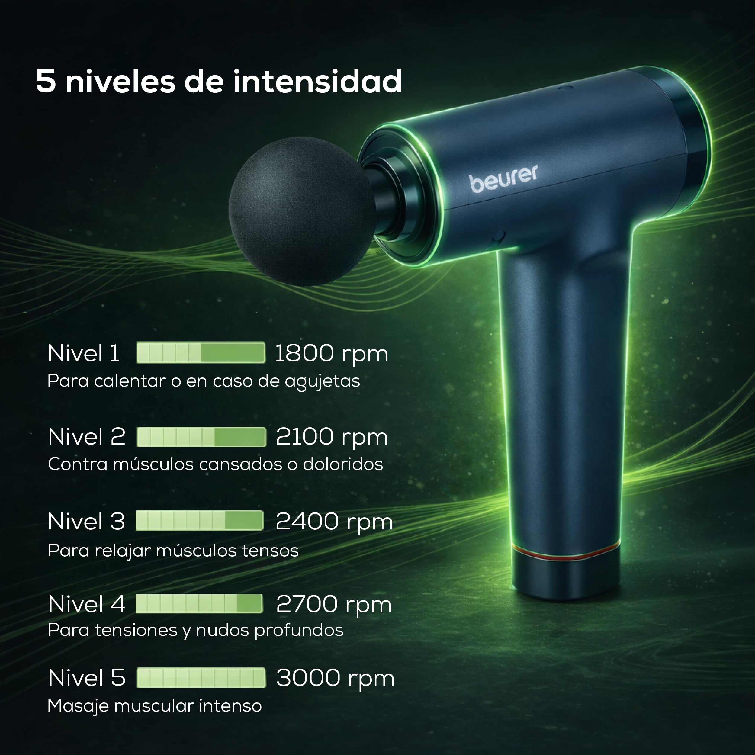 Beurer PowerReload pistola de masaje, masaje de puntos gatillo para relajación y regeneración, potente dispositivo de masaje muscular con 5 cabezales, 5 niveles de intensidad,extremadamente silenciosa