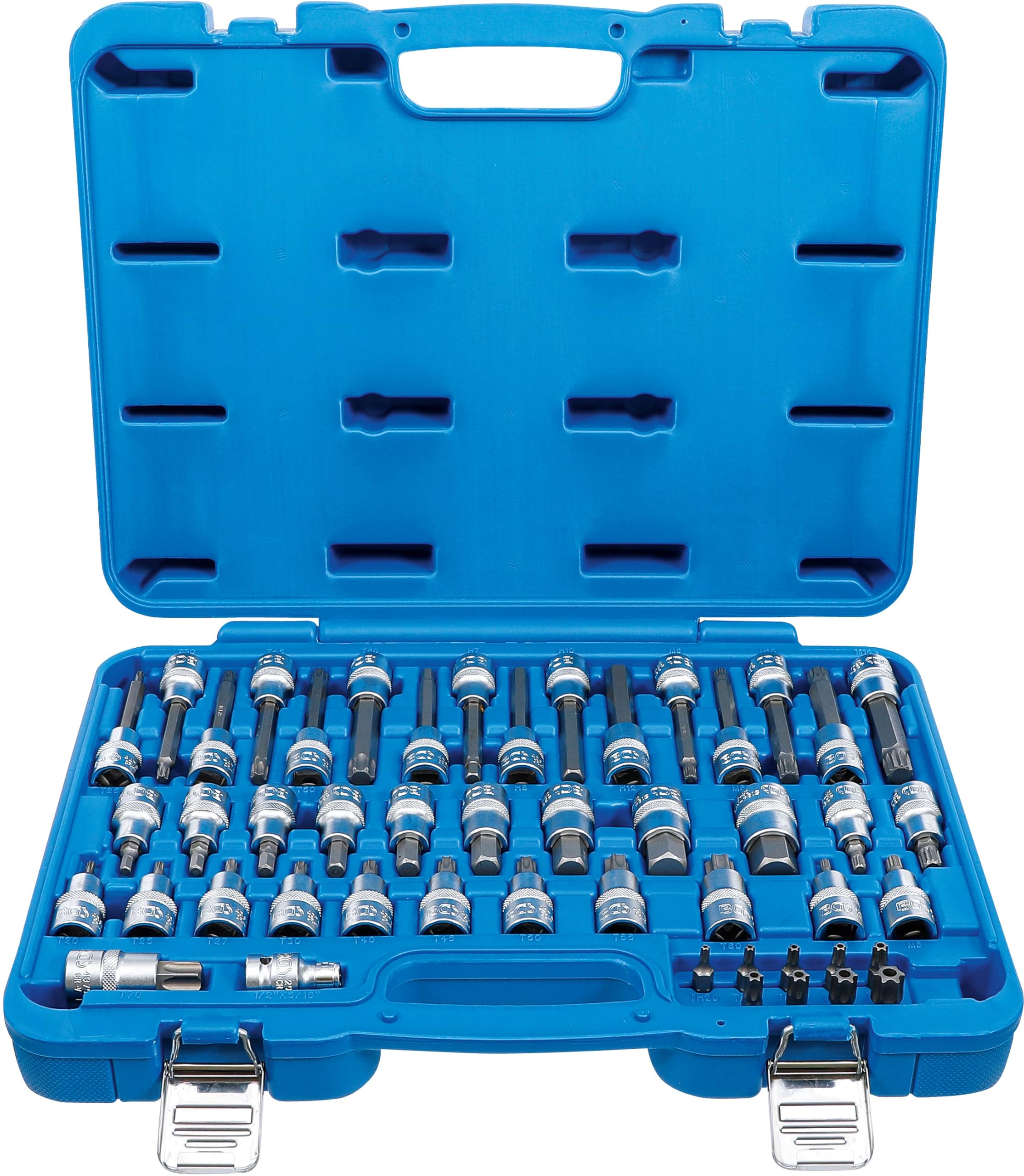 BGS 5188 | Bit-Einsatz-Satz | Antrieb Innenvierkant 12,5 mm (1/2") | 49-tlg | Bit-Einsätze und Bits | Antrieb Außensechskant 8 mm (5/16") | T-Profil (für Torx) mit Bohrung | Chrom-Vanadium-Stahl