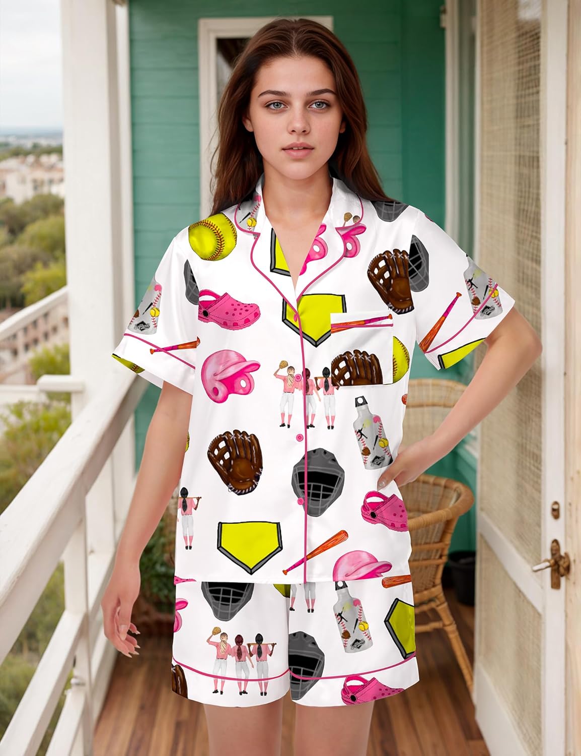 SHESHOW Pajamas for Women Set Satin Button Down Short Sleeve Top and Shorts Pjs Sets Sport Ball Print Sleepwear XS-XXL