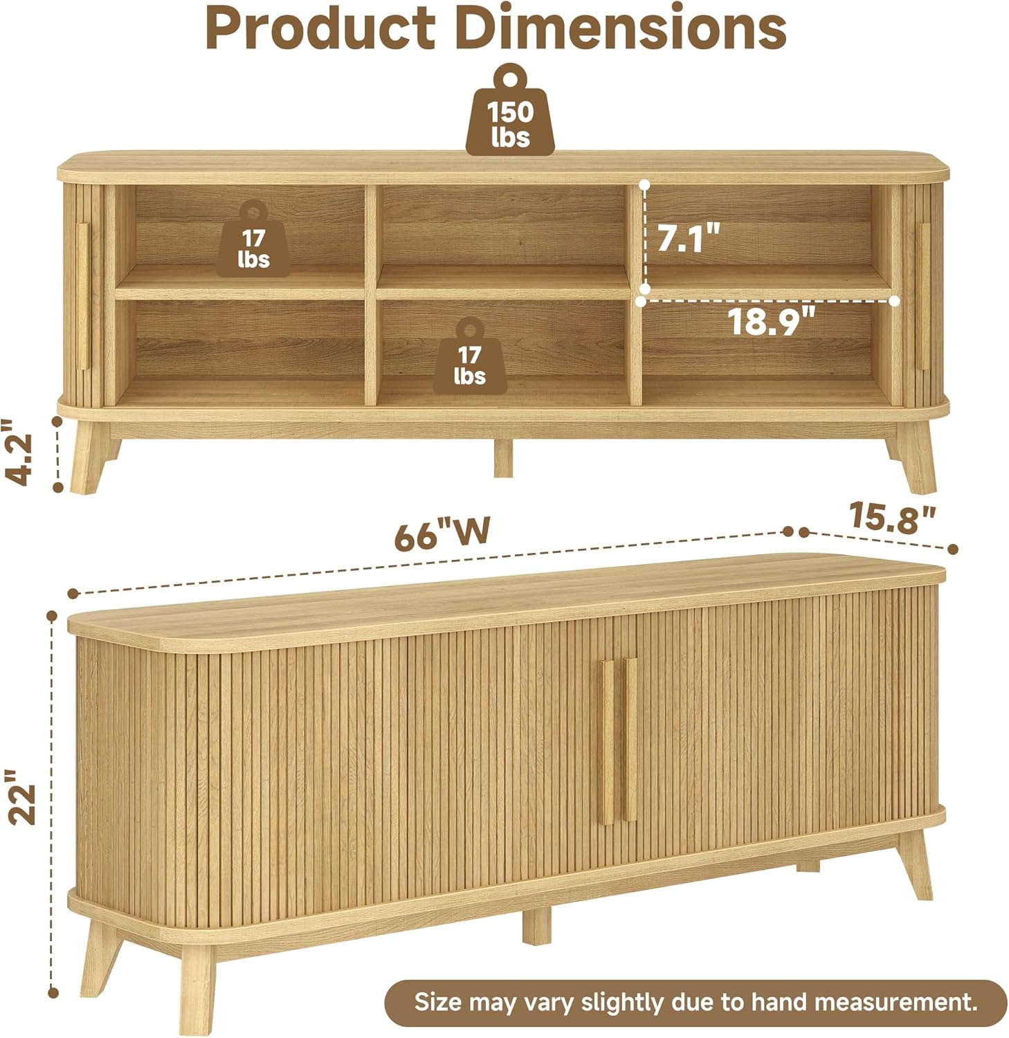 66" Mid-Century Modern TV Stand for 80 Inch TV, Entertainment Center with Storage & Adjustable Shelves, Wood Curved TV Media Console with Sliding Doors for Living Room, Natural