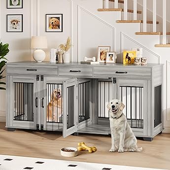 71 Inch Dog Crate Furniture for 2 Rooms, Wooden Double Crate Large Breed with Door, Dog Kennel Indoor, TV Stand End Table with Divider for Large Medium Dogs,Brown