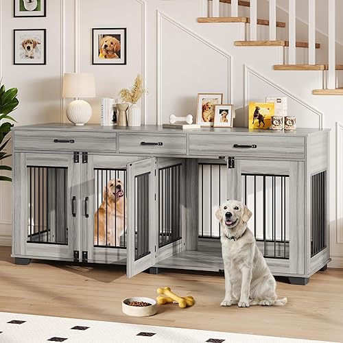 71 Inch Dog Crate Furniture for 2 Rooms, Wooden Double Crate Large Breed with Door, Dog Kennel Indoor, TV Stand End Table with Divider for Large Medium Dogs,Grey
