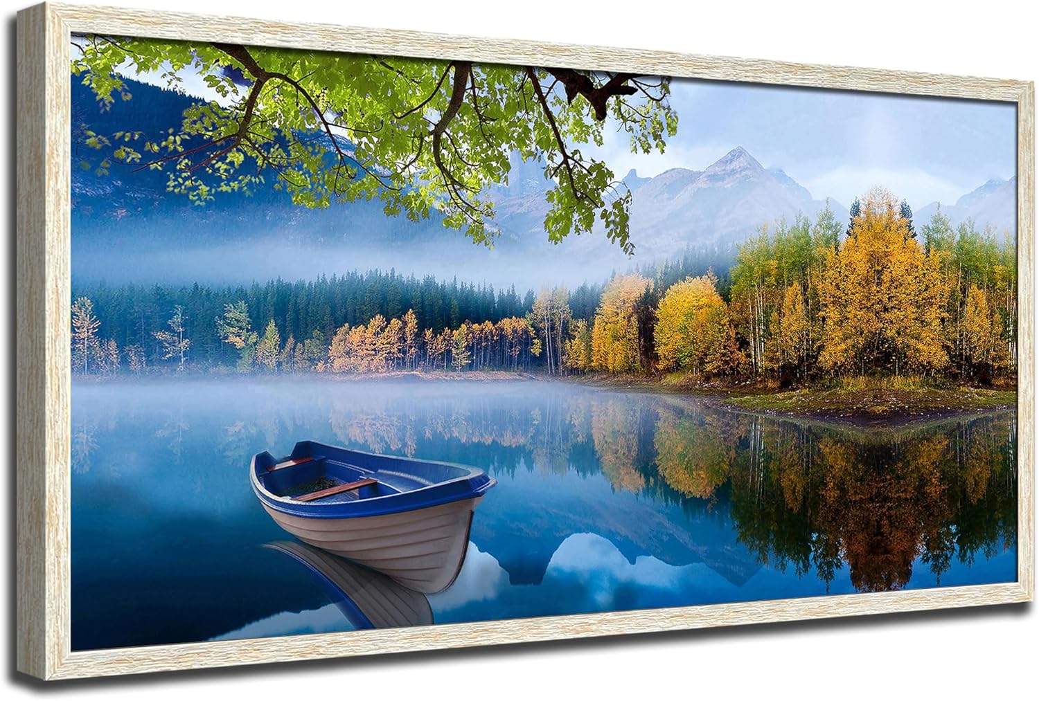 Arjun Lake Canvas Wall Art for Living Room Blue Mountain Picture Bedroom Sky Nature Landscape Boat Artwork Modern Scenic Nature Painting Framed Home Office Wall Decor, Extra Large Wood Framed 58"x29"