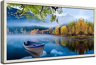 Arjun Lake Canvas Wall Art for Living Room Blue Mountain Picture Bedroom Sky Nature Landscape Boat Artwork Modern Scenic Nature Painting Framed Home Office Wall Decor, Large Size Wood Framed 40"x20"