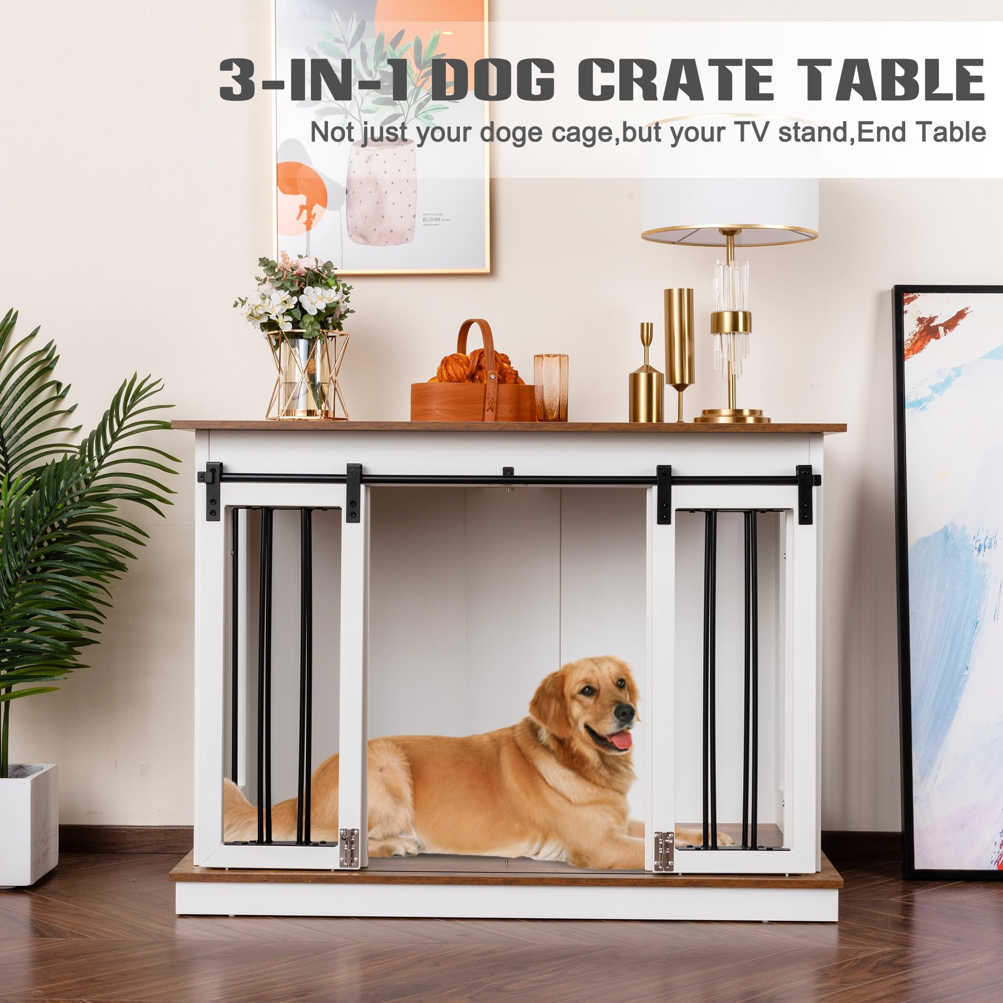 Sunseen Dog Crate Furniture Large Breed Wooden Dog Kennel with Room Divider & 3 Drawer,Double Doors Heavy Duty Dog Crate End Table Indoor TV Stand for Small Medium Large Dog 72''W*24''D*35''H,Black - image 2