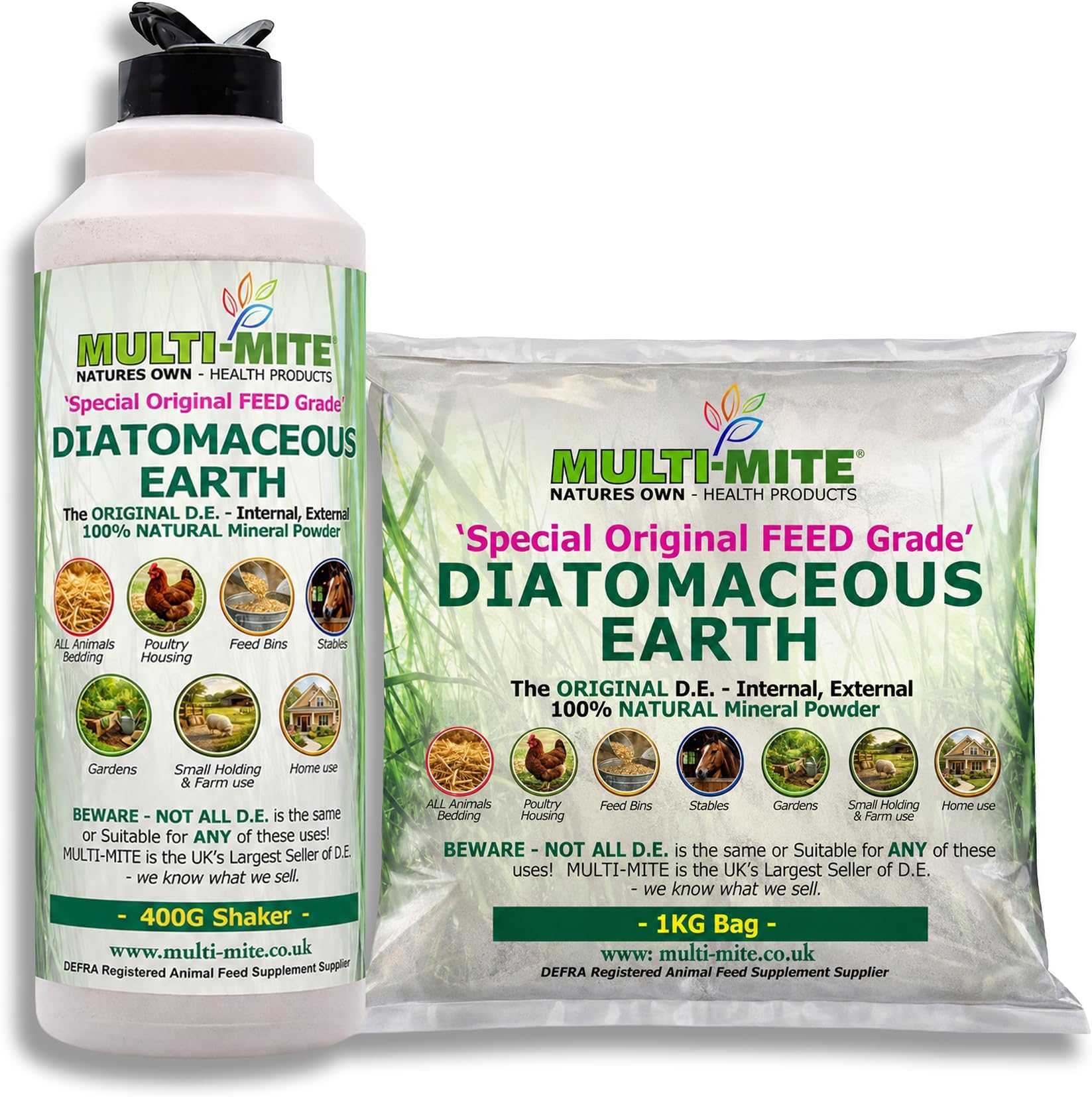 Multi-Mite® 400G SHAKER PLUS 1KG REFILL Feed Grade DE Diatomaceous Earth - Red Mite Fleas and All Animal Lice Control Powder