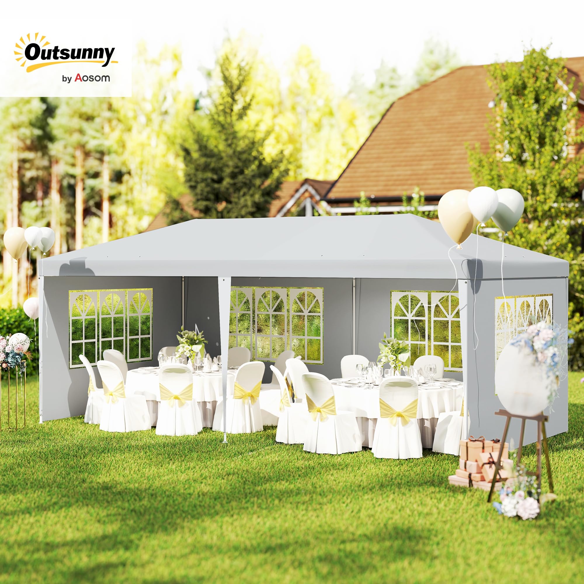 Outsunny Gazebo da Giardino per Eventi con Pareti Laterali Rimovibili, 4 Finestre e 12 Fori di Scarico, Gazebo da Esterno in Acciaio e Polietilene per Matrimoni, Feste, Giardino, Bianco