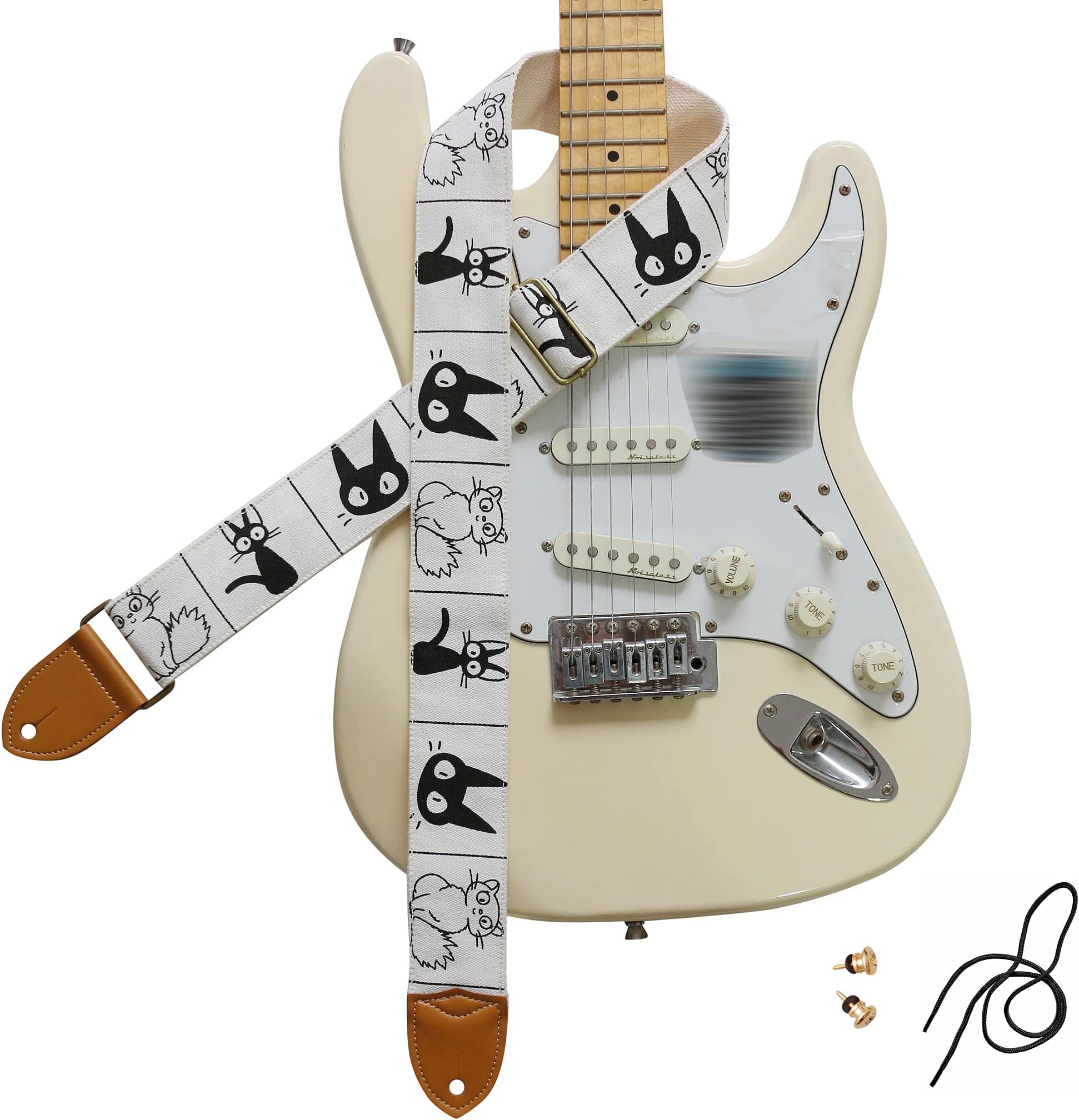MUSIC FIRST Original Design, 2 inch width (5cm), Cute Comic Cat Soft Cotton Canvas & Genuine Leather Electric Guitar Strap Bass Strap (Comic Cat)