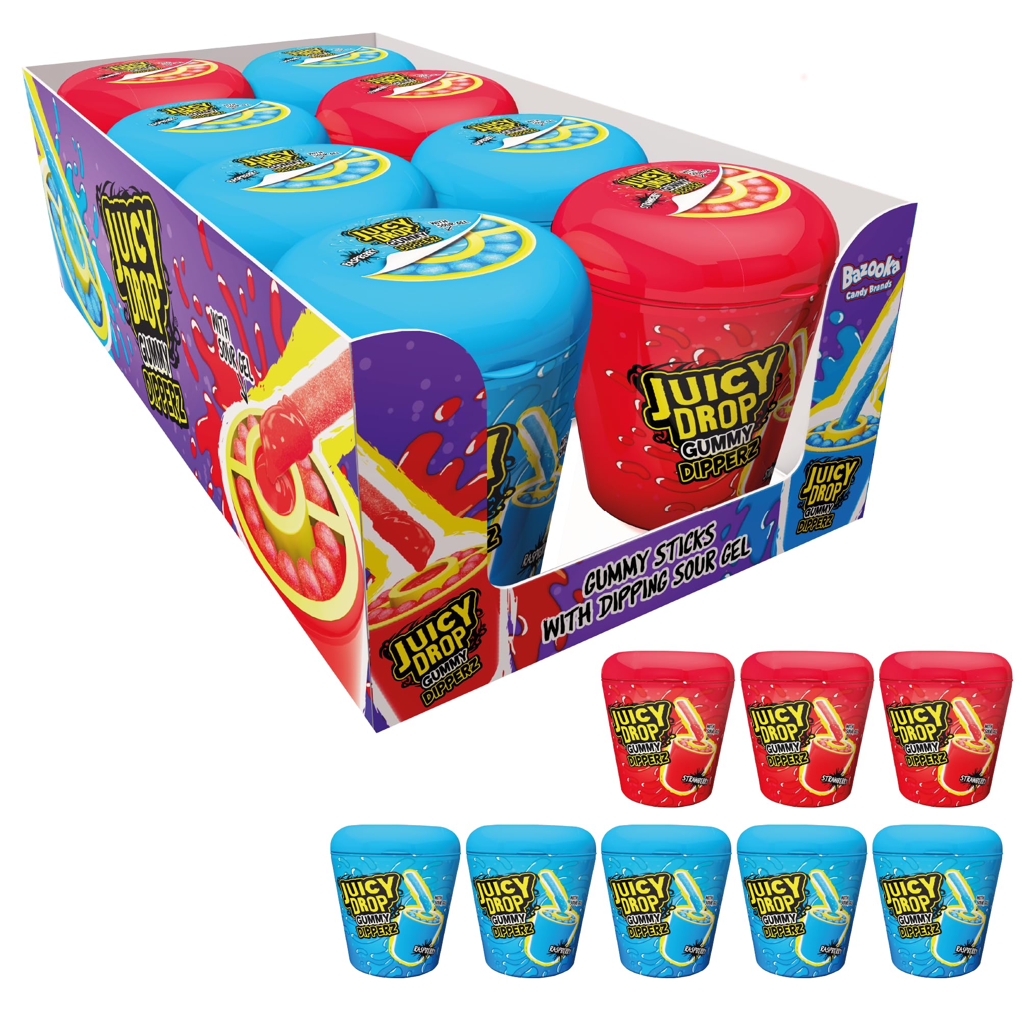 Gummy Dipperz Tub (Bulk Pack of 8) Stick and Dip Gummy Sweets with Sour Gel, Candy with 2 Fruity Flavours, Sweet and Sour Kids Sweets for Party Bags, 96g per Tub