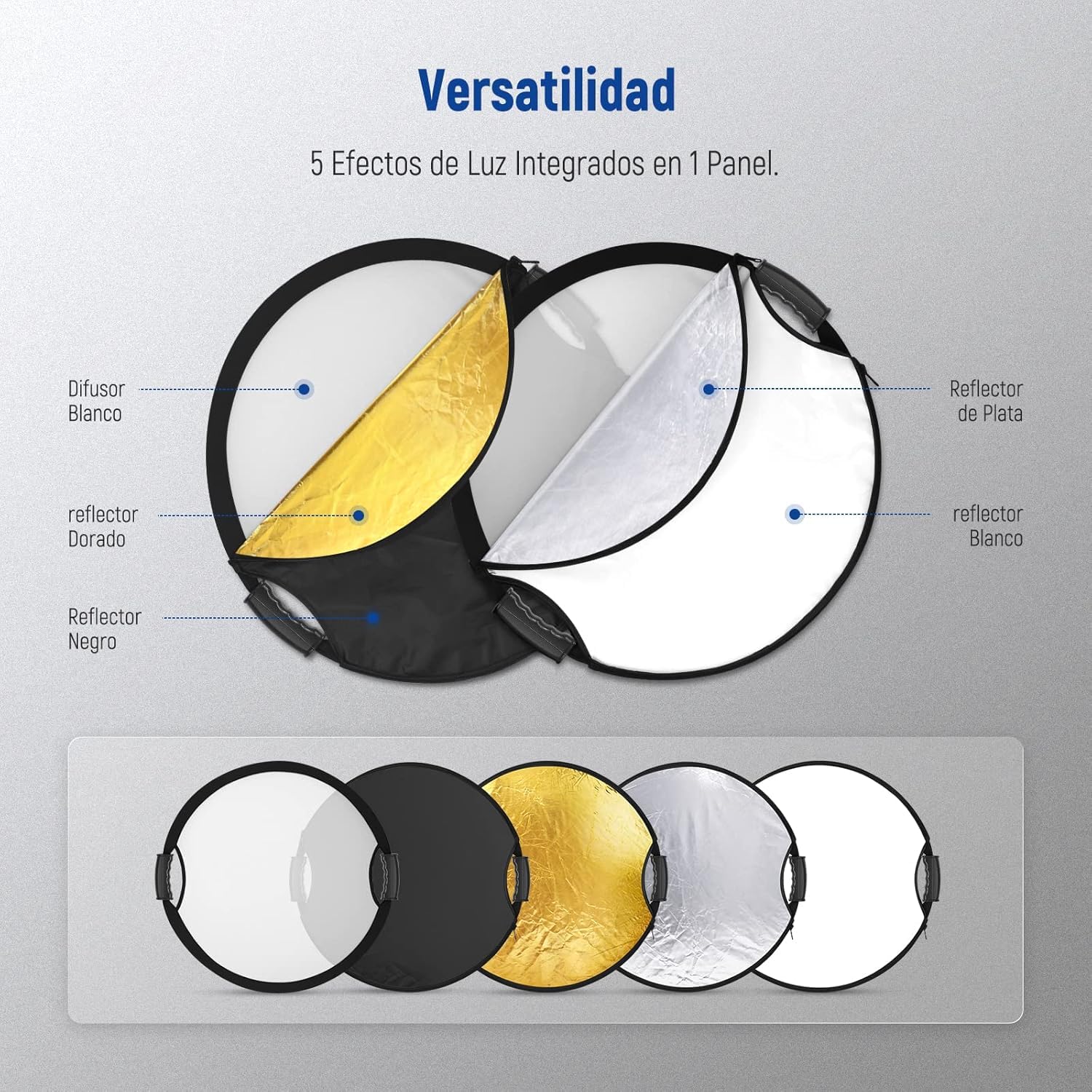 NEEWER Reflector de Luz de 22"/56cm con Empuñadura Rosca 3/8",Difusor de Luz de Disco Plegable 5 en 1 Translúcido/Plateado/Dorado/Blanco/Negro para Iluminación Fotográfica, para Exteriores, RF-56II