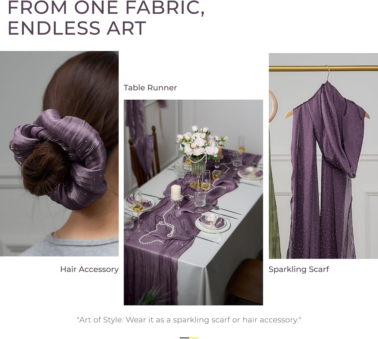 Leetaltree Dazzle Table Runner with Hot-fix Rhinestones-Luxury Scarf Table Runner 120 Inch 10FT -Elegant Gift Set with Card for Wedding,Christmas, Holiday & Home Decor (Purple, Set of 3)