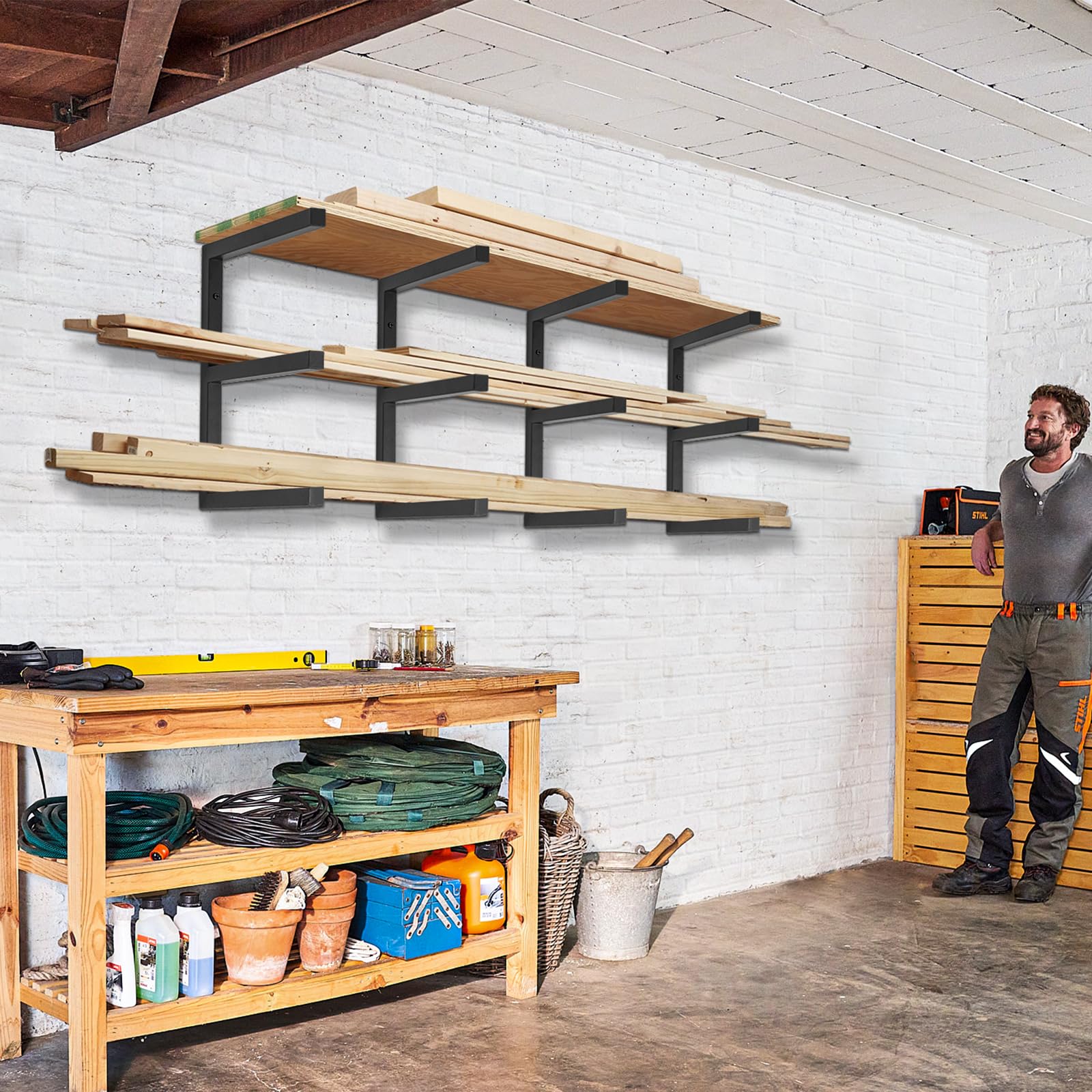 AKOZLIN Estante de Madera de 3 Niveles montado en la Pared,4 Piezas | Diseño de tubos de madera, interior y exterior, Estante de programas de organización