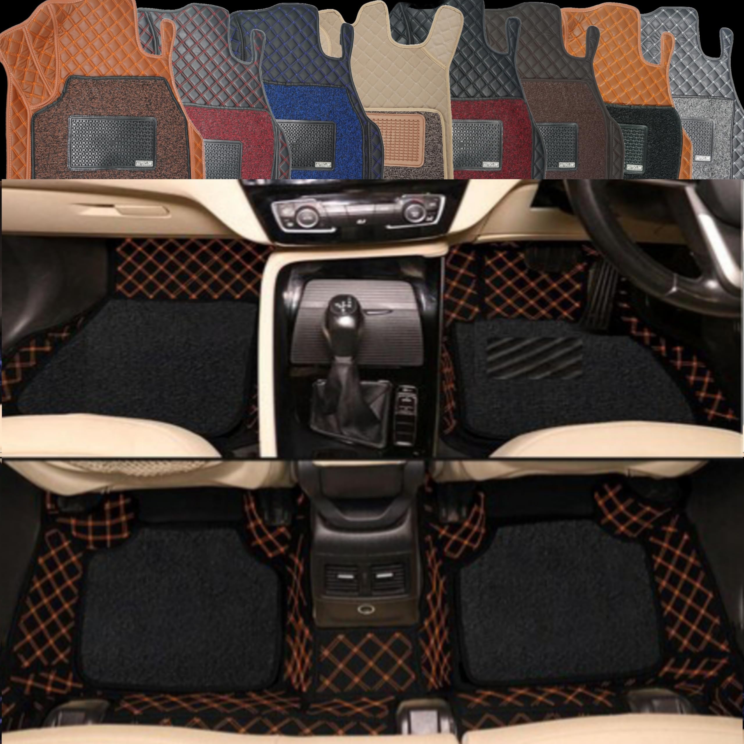 Autoclow/Premium 7D Car Mat for Toyota Innova Crysta (Model : 2017-2025)|| Luxury Leather Dual-Stitch 7D Car Mat Full Set || 100% Waterproof ||Color :TAN Stitch-Black Grass (Design-1)