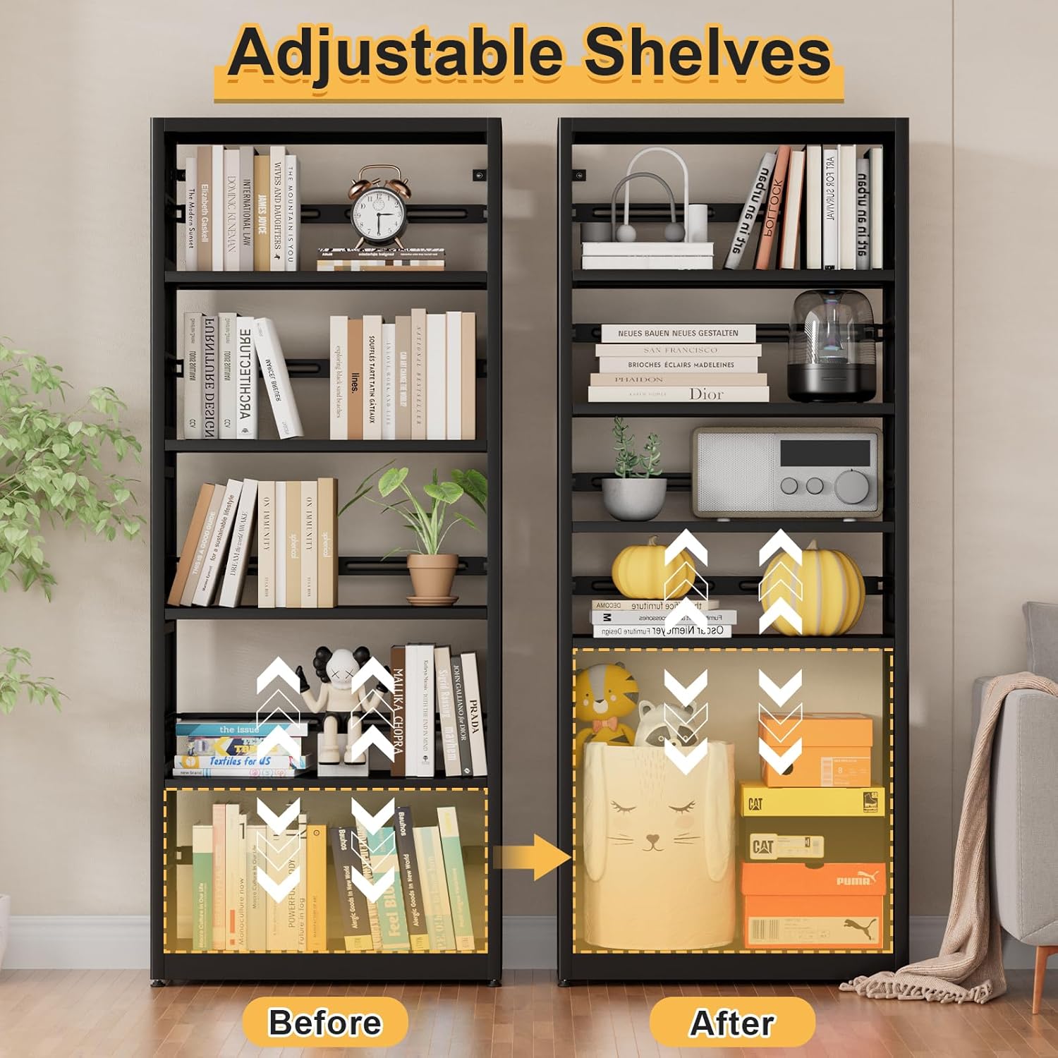 68''Tall Book Shelf, 5-Tier Bookshelves and Bookcases, Modern Stoage Bookshelf Organizer, Metal Display Shelf with Adjust Shelves（ 1 Main Shelf and 1 Sub-Shelf）