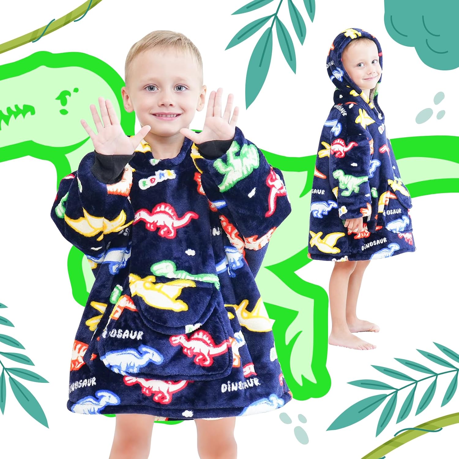 REXEO Wearable Blanket Hoodie for Kids Fleece Sweatshirt Blanket Dinosaur Gifts for Boys Girls Flannel Hooded Blanket with Pocket and Sleeves for Kids - Image 8