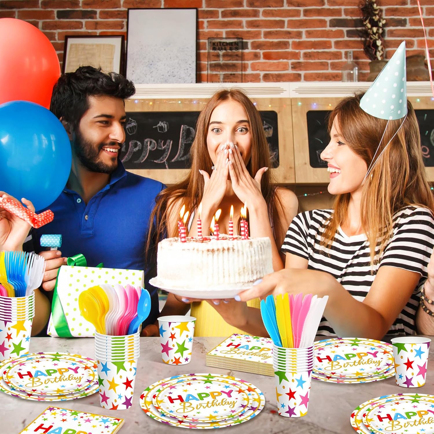 Meanplan Serves 24 Guests Happy Birthday Plates and Napkins Rainbow Star Birthday Tableware Set Rainbow Happy Party Decorations for Kids Included Cups Knives Forks Spoons Total 168 Pcs