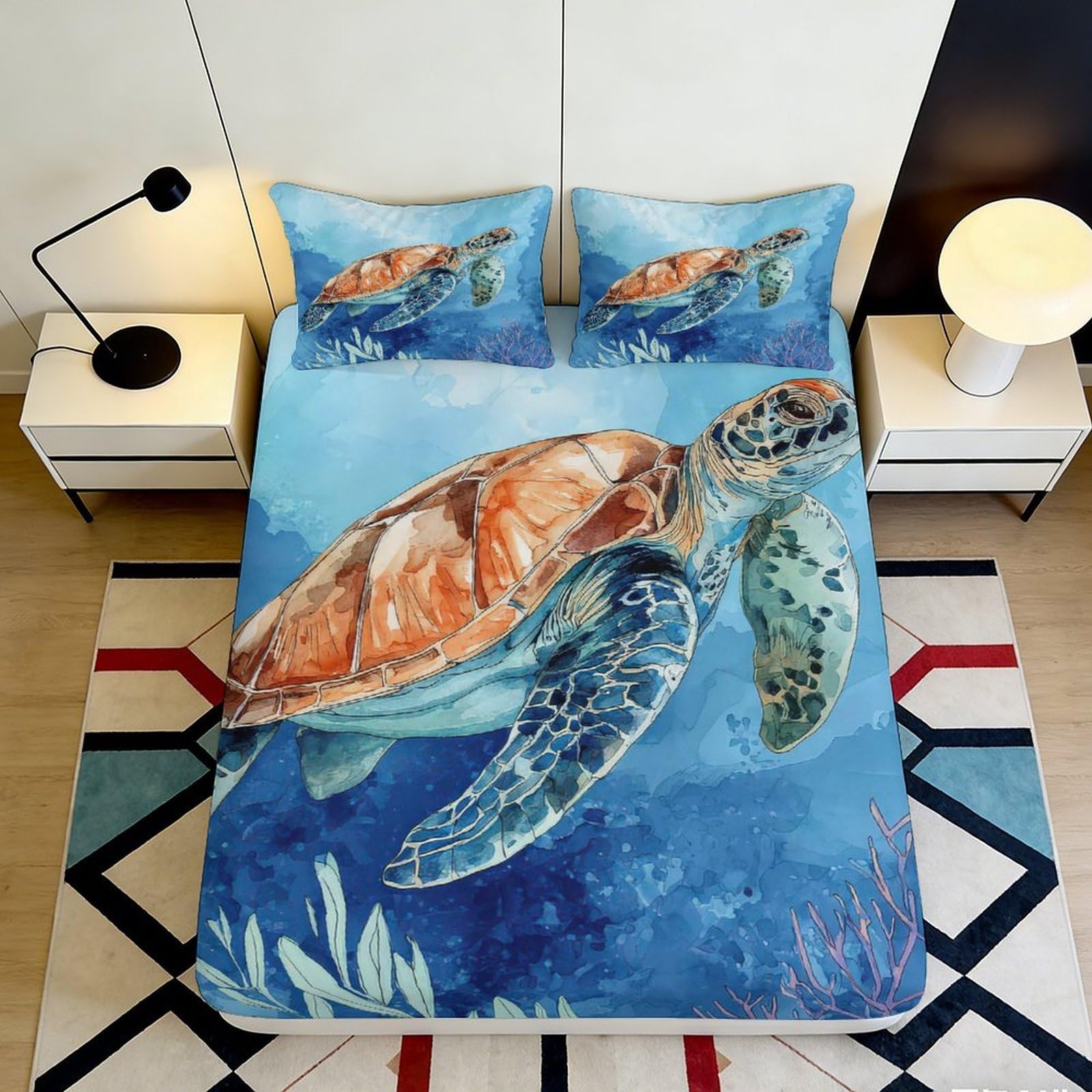 3D Printed Sea Turtle Fitted Sheet Microfiber Soft Breathable Ocean Marine Mattress Cover for Bedroom Dormitory Guest Room Mattress Protection Decor 120x200x25cm