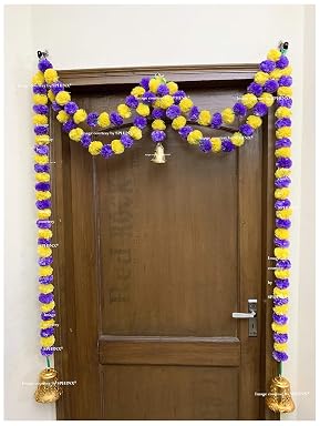 SPHINX Artificial Marigold Fluffy Flowers Garlands Door Toran Set/Door Hangings for decoration (Approx. 100 X 152 cms) (Yellow and Purple)