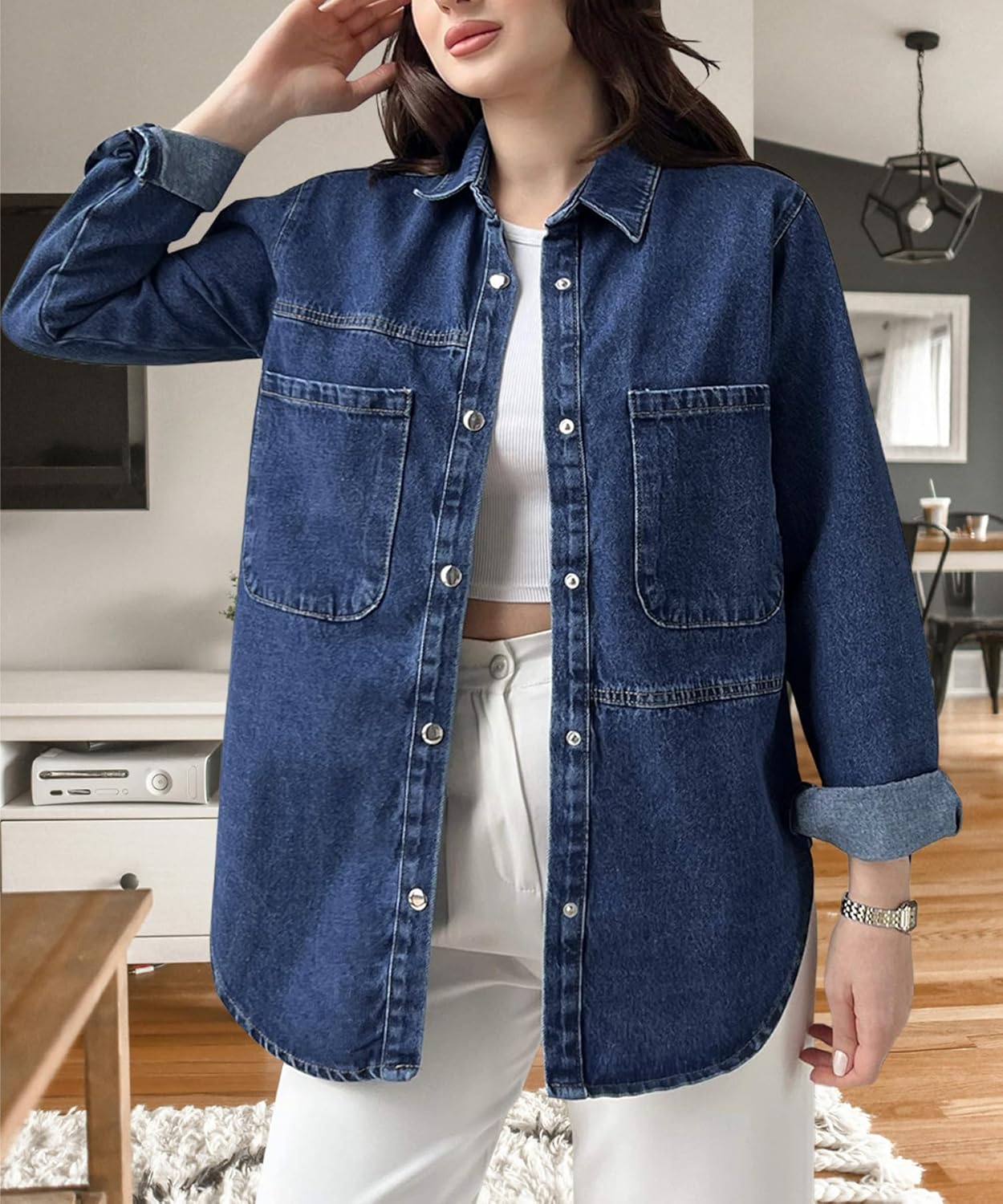 FairBeauty Women’s Denim Shacket Long Sleeve Button Down Shirts Western Jeans Jackets With Pockets - Image 2