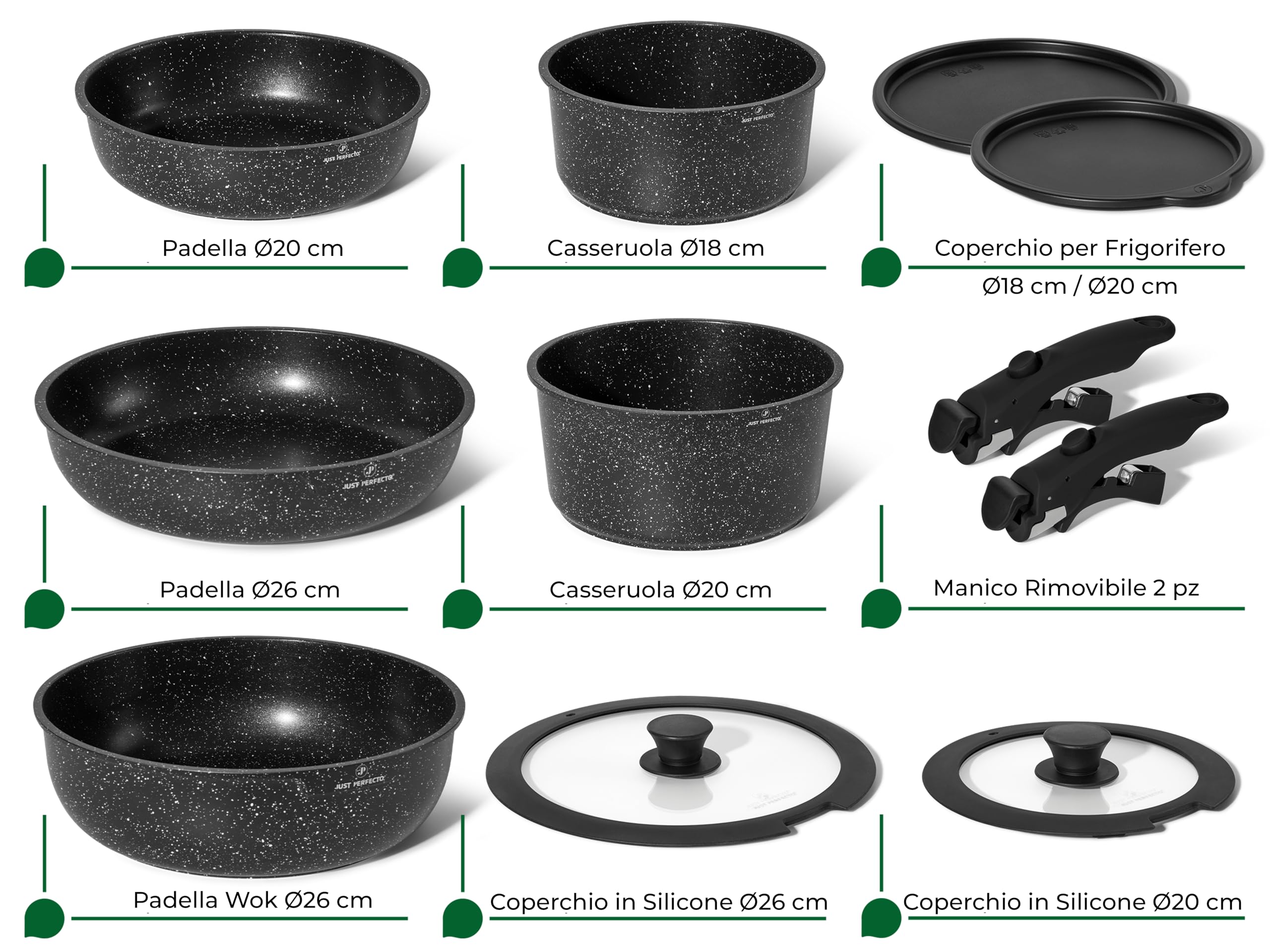 Just Perfecto Essential Batteria di Pentole 11 Pezzi, Manici Amovibili Padella con Casseruola Fonda, Padella, Tegame, Wok, Coperchi, Antiaderenti per Induzione,Lavastoviglie (Black)