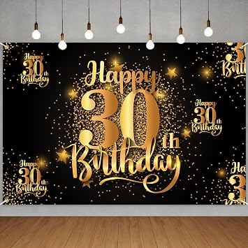 Happy 30th Birthday Backdrop Banner Step and Repeat 30 Years Old Background Decorations for Women Men Her Him Photography Party Supplies Glitter Black Gold