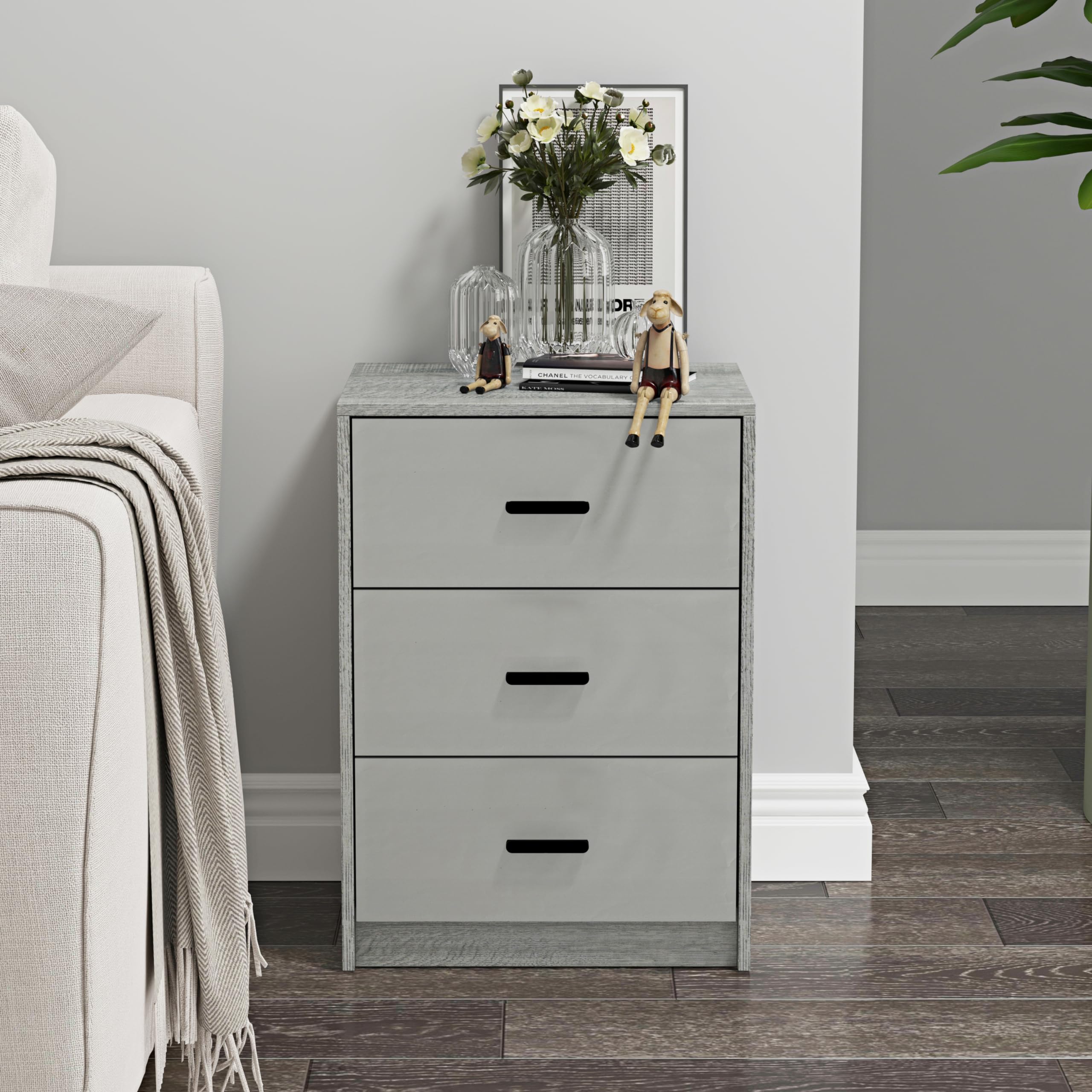 URBNLIVING 3 Drawer Wooden Bedroom Bedside Cabinet (Ash Grey Oak Carcass + Grey Drawers)