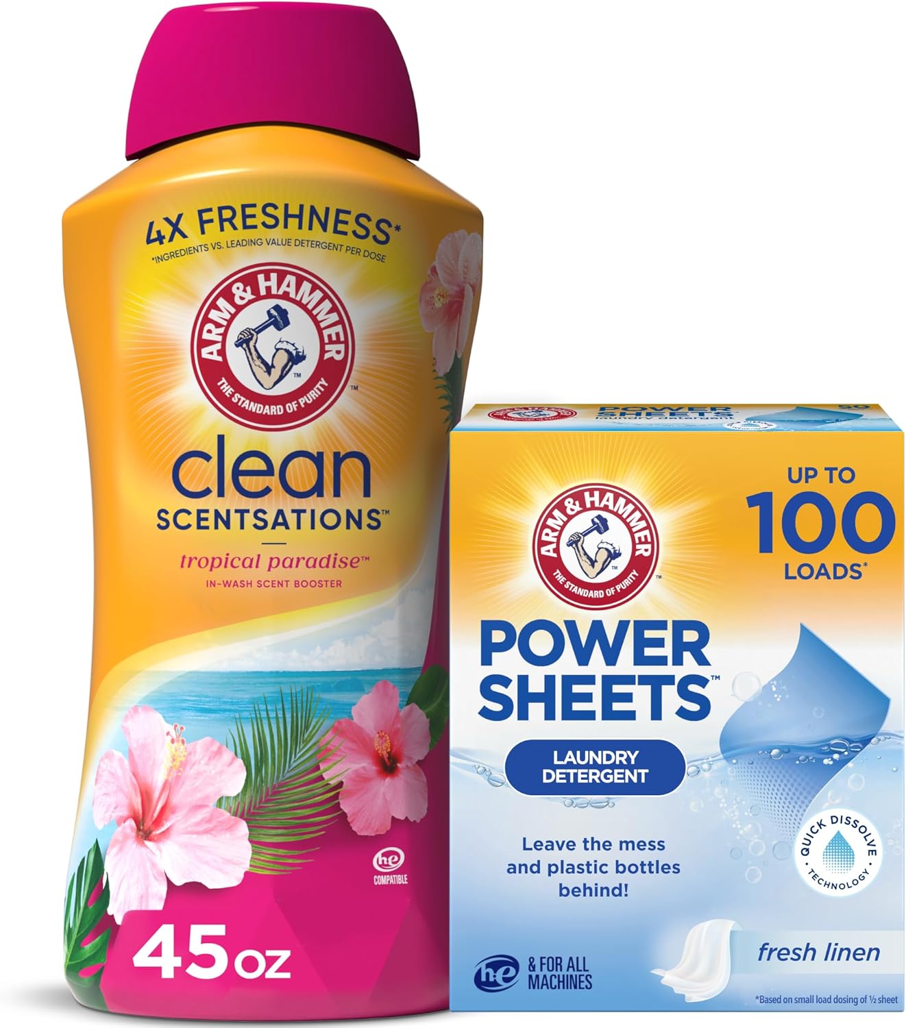 Bundle of Arm & Hammer Power Sheets Laundry Detergent, Fresh Linen 50ct, up to 100 Small Loads (Packaging may vary) + ARM & HAMMER Clean Scentsations