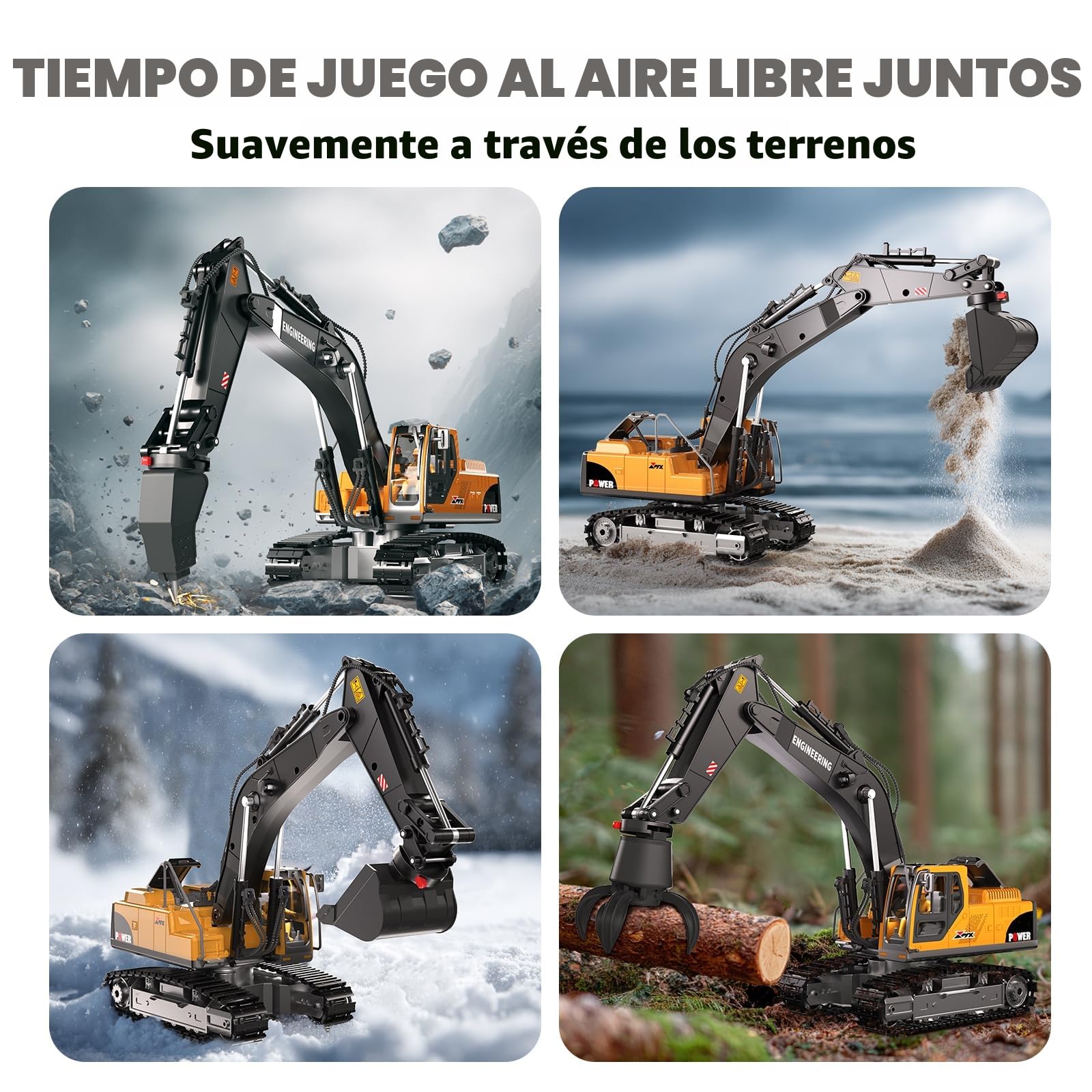 GraceDuck Excavadora Juguete RC 3 en 1 de Control Remoto 2.4GHz – Juguetes de Playa y Construcción con Pala de Aleación, Trituradora y Garra, Giro de 680°, Vehículo de Obra para Niños de 6 a 12 Años