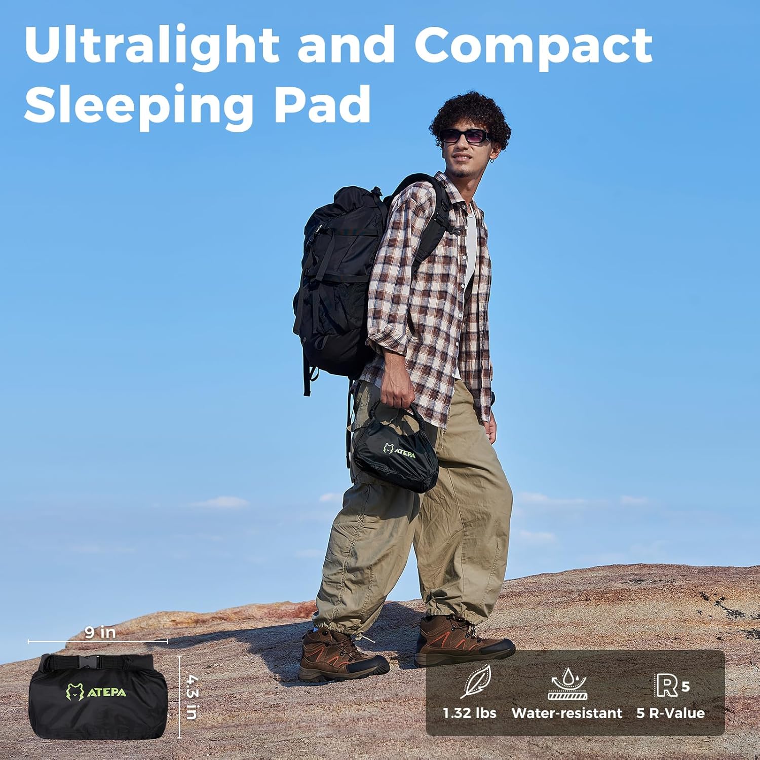 ATEPA ThermAir Backpacking Inflatable Sleeping Pad, 5 R-Value Insulated Ultralight Portable Sleeping Pad Thick Camping Mat with Pump Sack for Camping Backpacking Tent, Wide Long Size 71.65"x24.41"