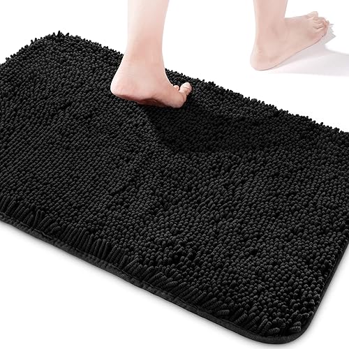Yeaban Alfombras de baño negras  Gruesas alfombras de baño de chenilla  Alfombras de baño absorbentes y lavables antideslizantes, alfombras de baño
