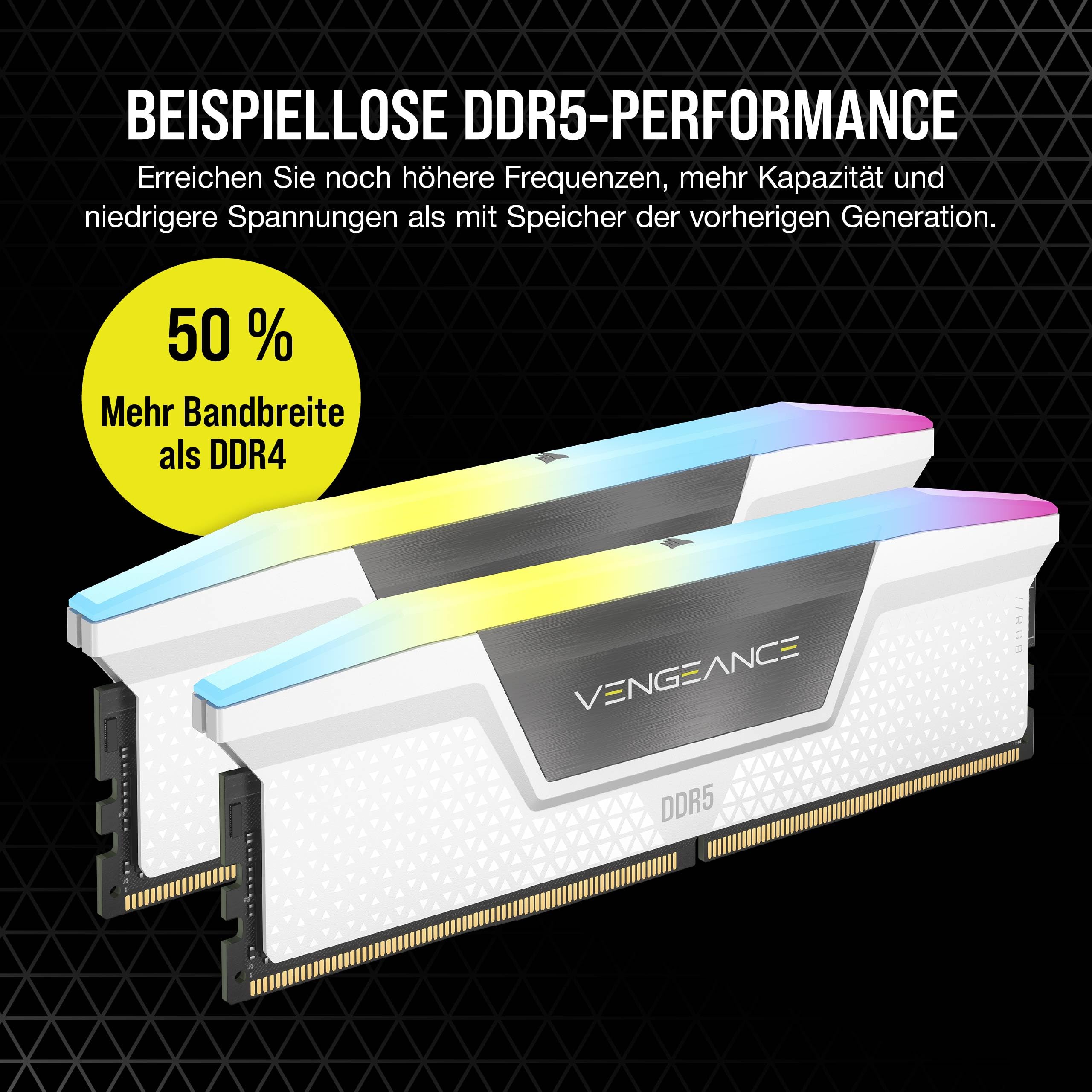 CORSAIR Vengeance RGB DDR5 RAM 32GB (2x16GB) Bis zu 6000MHz CL36 Intel XMP 3.0 Desktop-Arbeitsspeicher – Weiß (CMH32GX5M2E6000C36W)