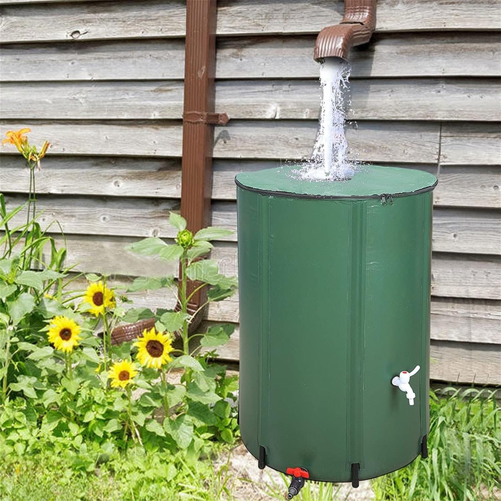 Sistema de depósito de Agua de Lluvia Plegable con Soporte y Grifo. Depósito de Agua de jardín portátil con Tapa con Cremallera. Color Verde. Capacidad de 1000 litros.