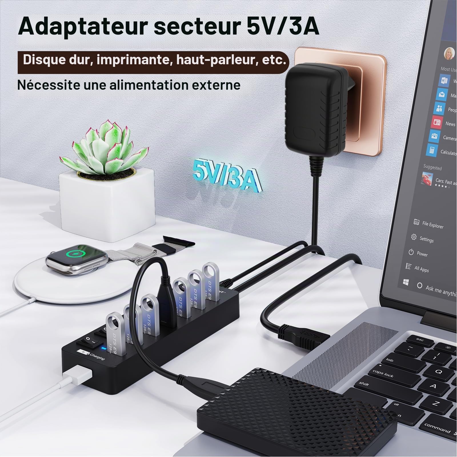Hub USB Actif 3.0 avec Bloc d'alimentation, répartiteur USB VEMONT 7 Ports et 1 Charge Intelligente avec 5 V/3 A, répartiteur avec Interrupteur Individuel et câble de 1,2 m de Long pour PC/Ordinateur