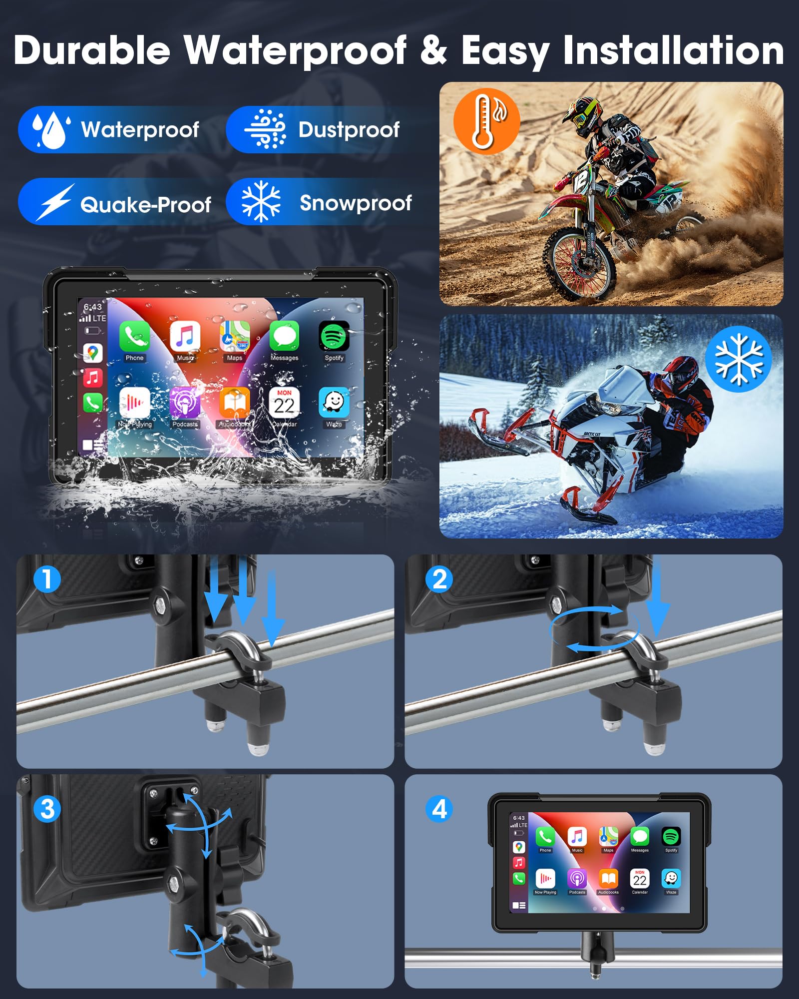 7" Motorrad Carplay Android Auto Dual Bluetooth Navigationsgeräte | Motorrad Display für Motorräder mit Siri, G-oogle Assistent, IP67 Wasserdicht für Pendelnde Fahrt