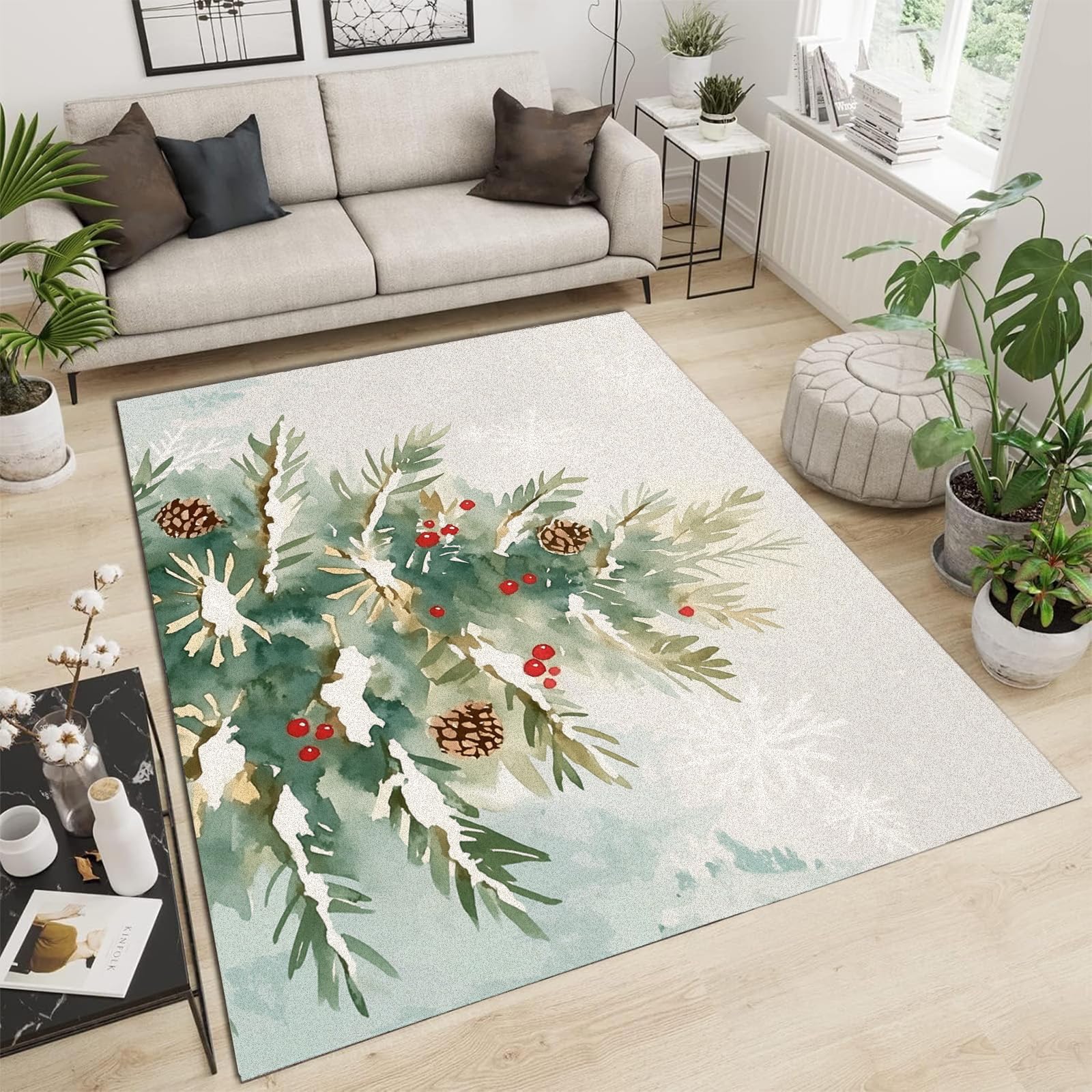 Tapis de salon vert motif branches d'épinette 160x230 cm pour chambre et bureau