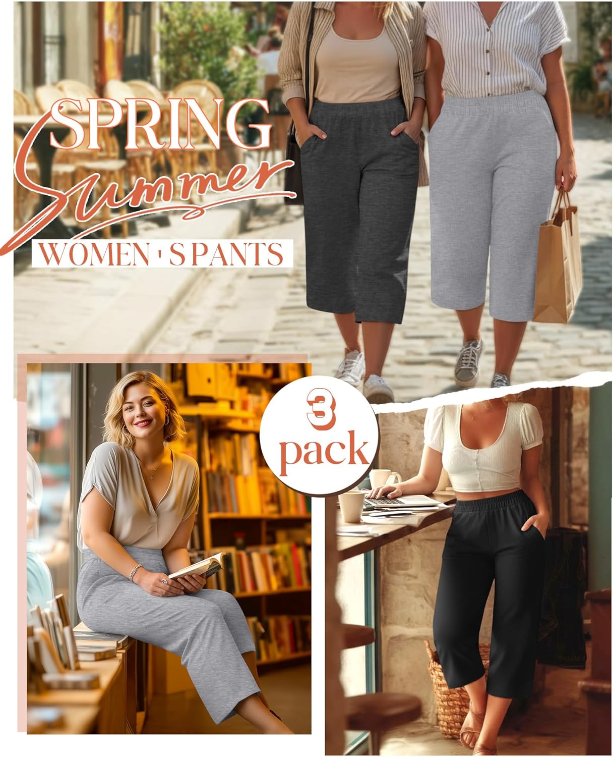 3 Pack Women's Plus Size Capris Pants Wide Leg Loose Fit High Waisted Yoga Cropped Lounge Sweatpants with Pockets - Image 2