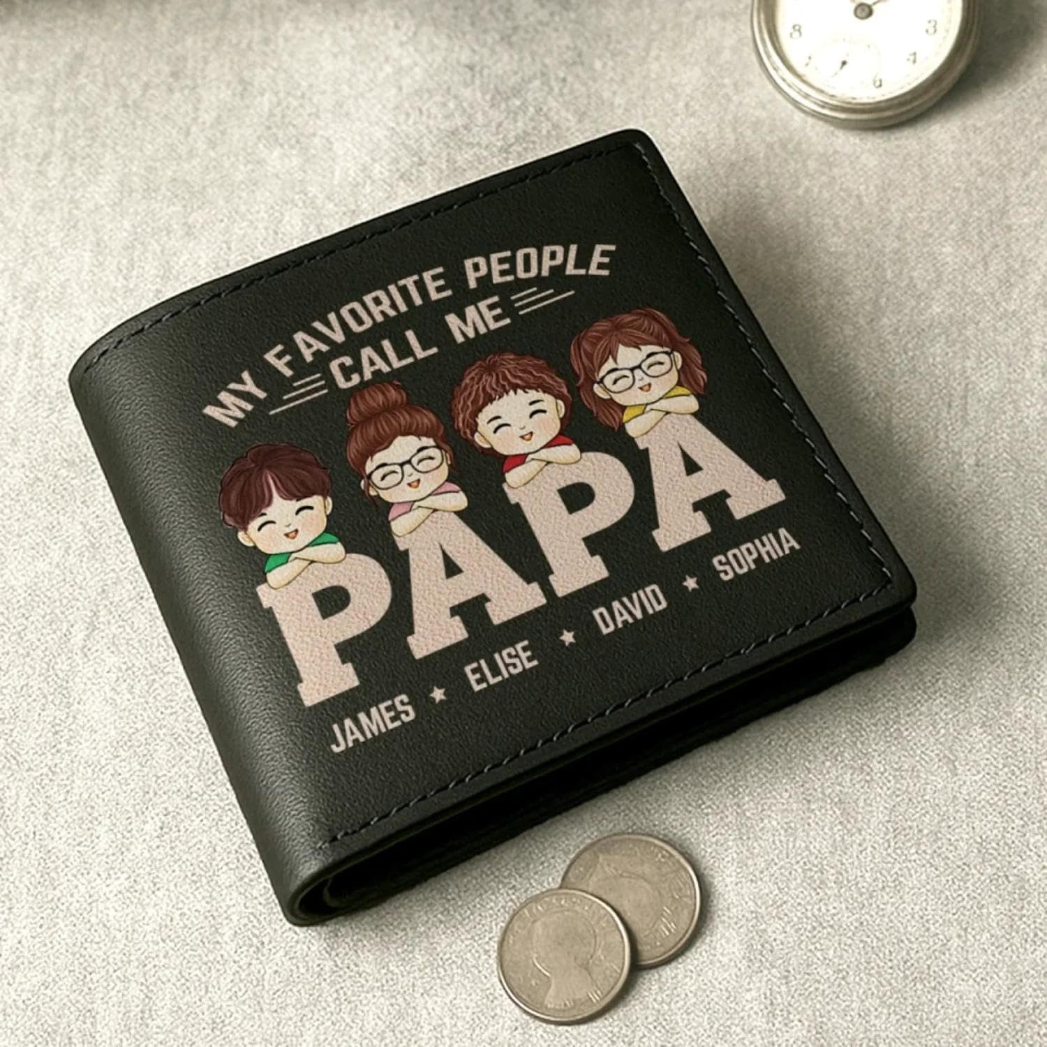 Kantoz My Favorite People Call Me Papa - Family Personalized Custom Double-Sided Printed Leather Wallet - Father's Day, Gift For Dad, Grandpa